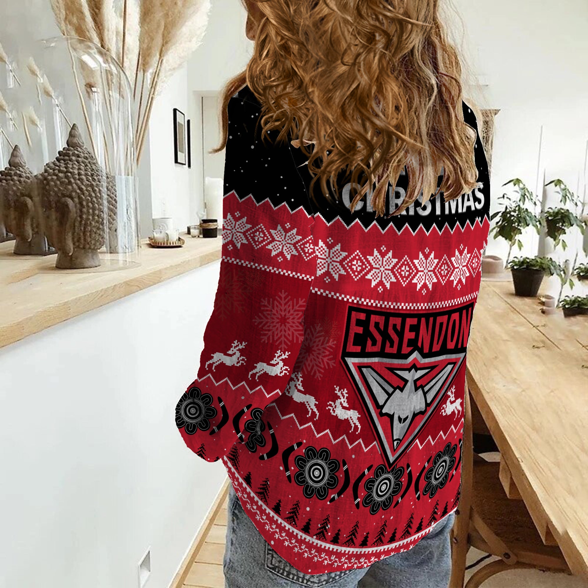 Essendon Football Women Casual Shirt Bombers Indigenous Merry Christmas - Vibe Hoodie Shop