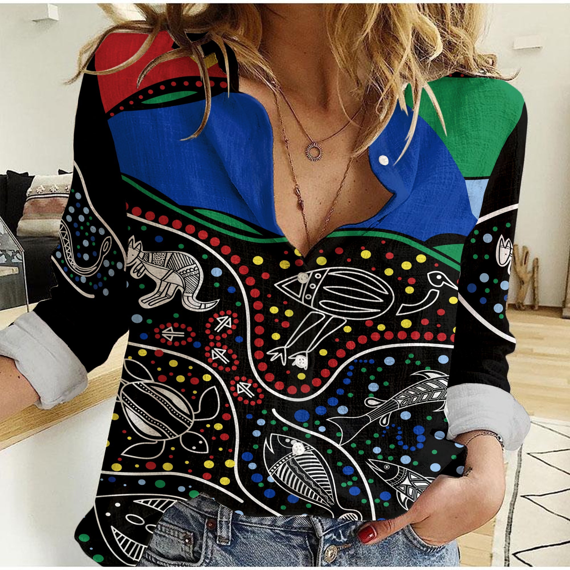 (Custom Text and Number) NAIDOC Week Women Casual Shirt National Aborigines And Torres Strait Islander Animals Aboriginal Art - Vibe Hoodie Shop