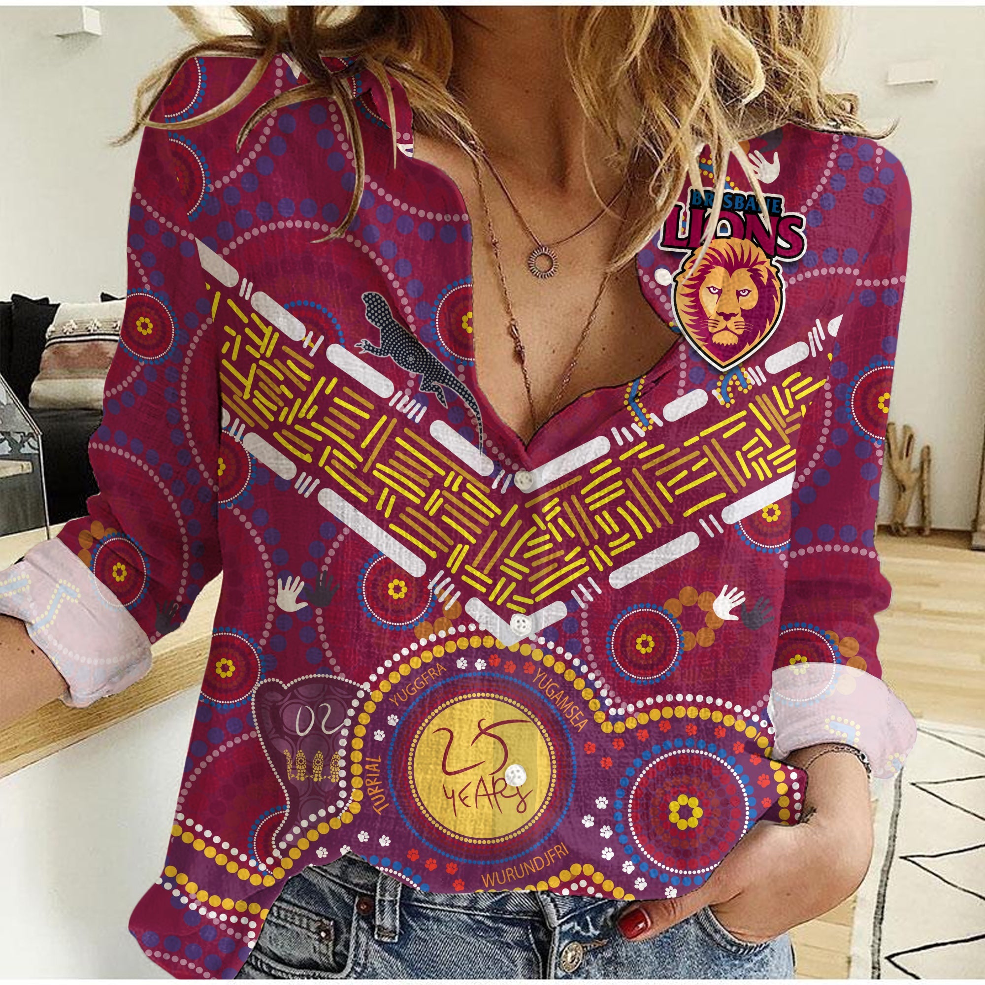 Brisbane Football Women Casual Shirt Indigenous Pattern Go Lions Unique Version - Vibe Hoodie Shop