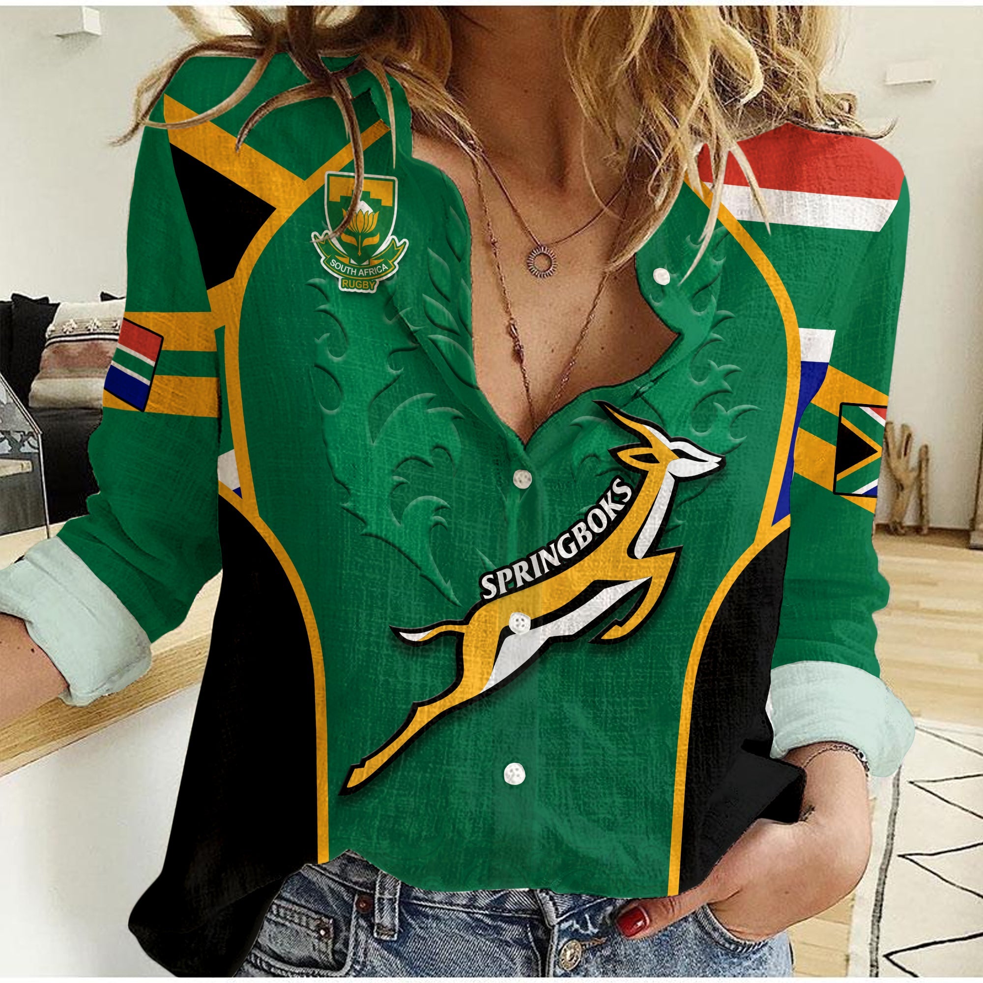 (Custom Text And Number) South Africa Rugby Women Casual Springboks 2022 Sporty Style Go Amabokoboko - Vibe Hoodie Shop
