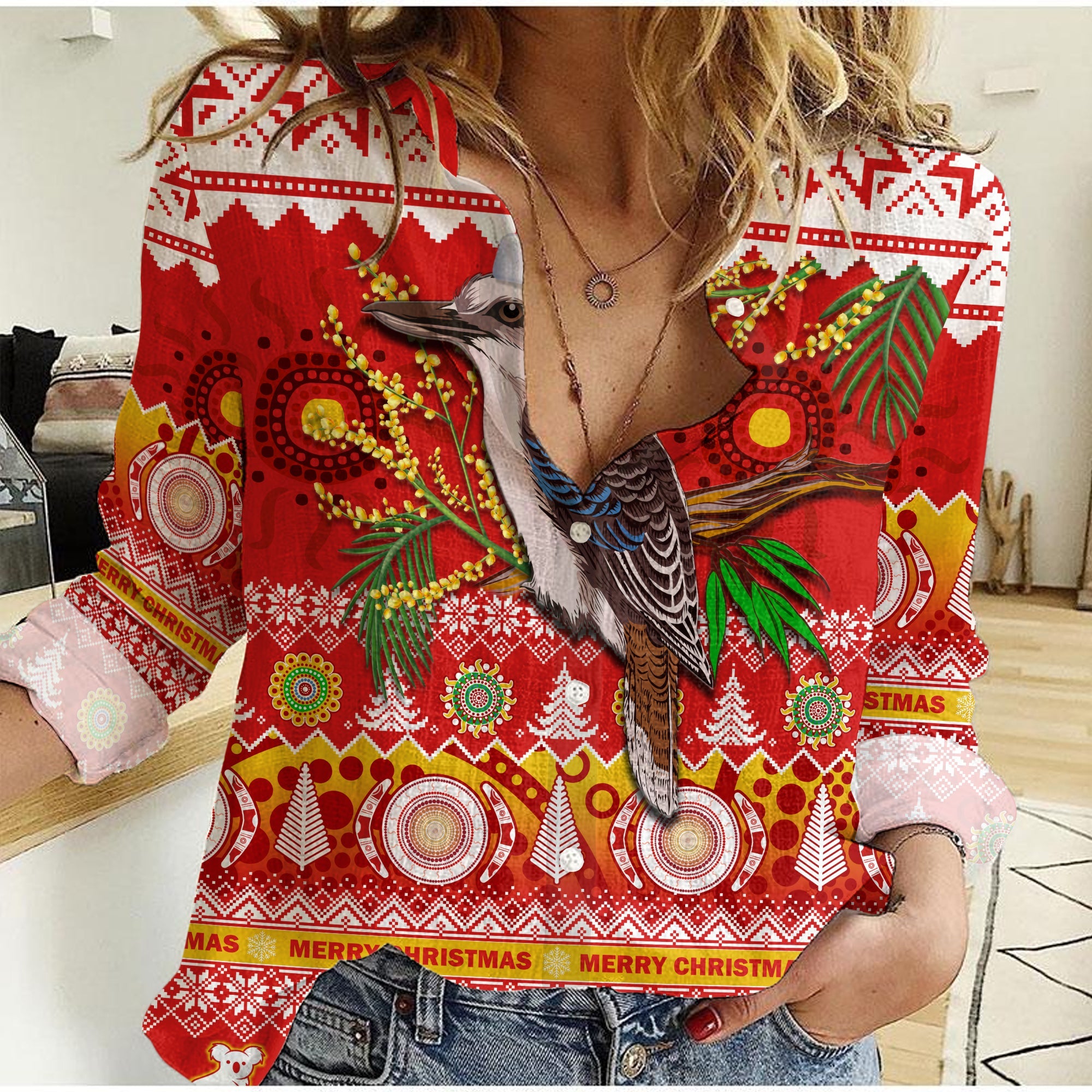 Australia Women Casual Shirt Kookaburra Mix Golden Wattle Aboriginal Art Merry Christmas - Vibe Hoodie Shop