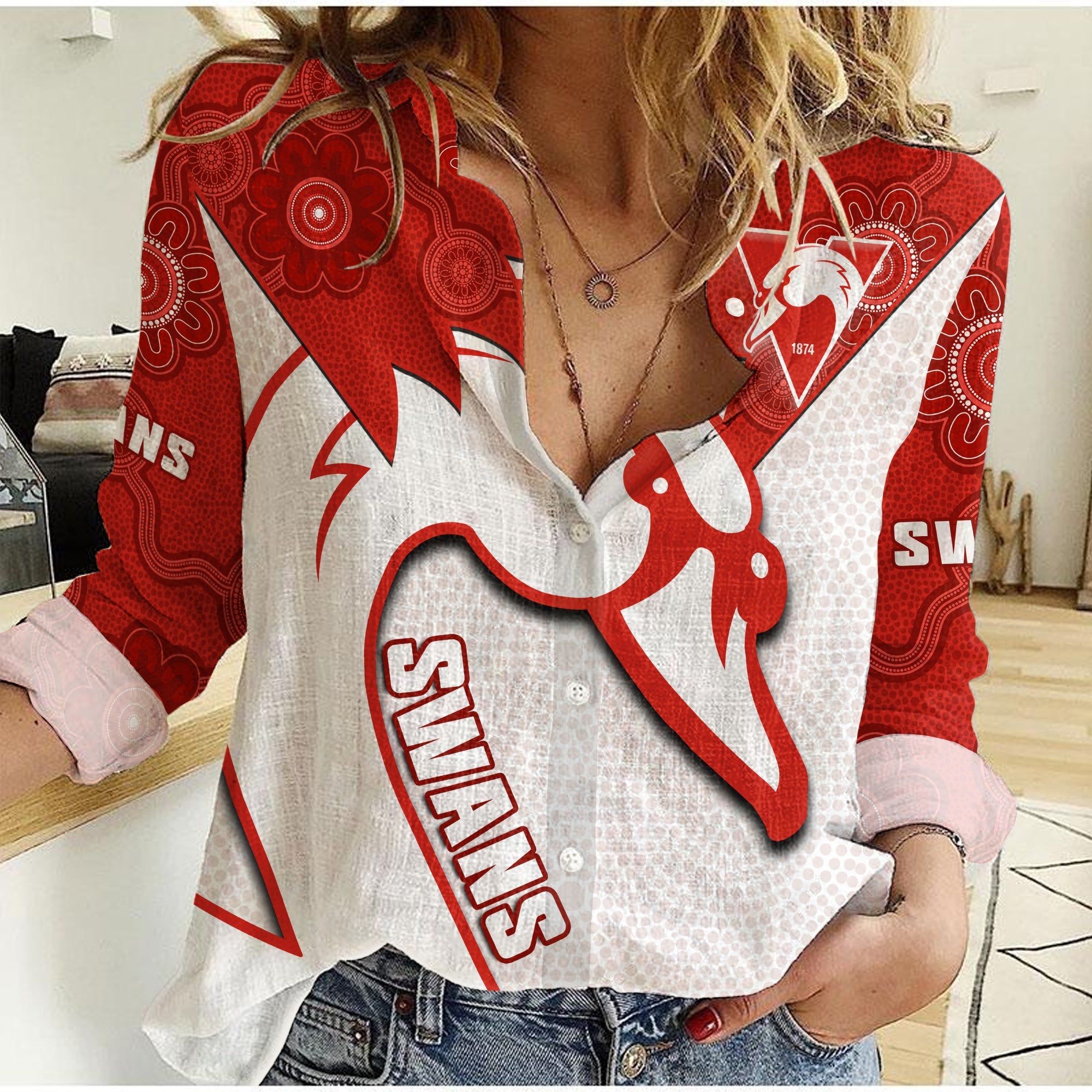 (Custom Text And Number) Sydney Football Women Casual Shirt Swans 1874 Dot Painting Artsy - Vibe Hoodie Shop