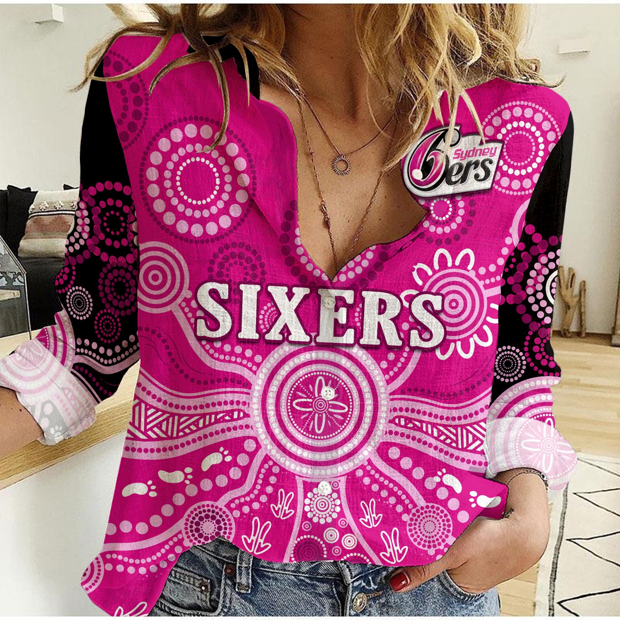 (Custom Text And Number) Sydney Sixers Women Casual Shirt Cricket Indigenous Australian Art Ver.01 - Vibe Hoodie Shop