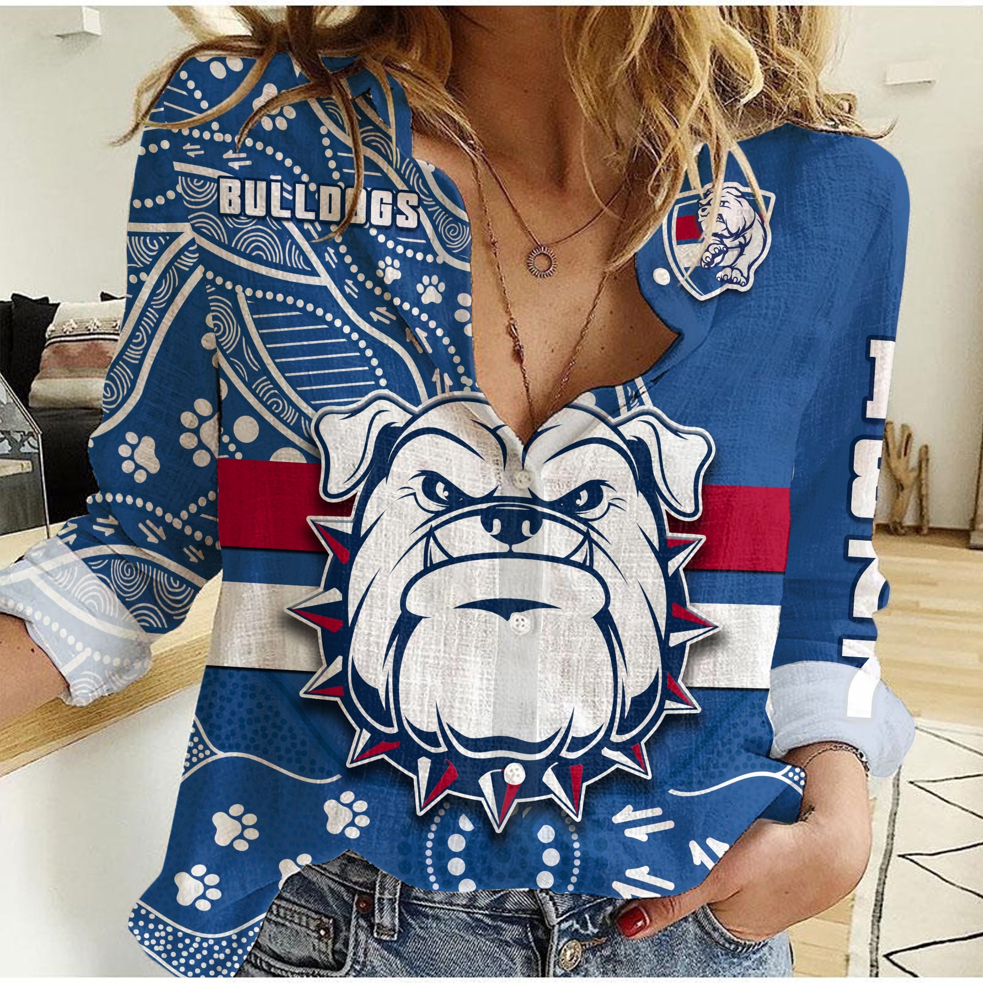 (Custom Text And Number) Bulldogs Football Women Casual Shirt Scraggers 1877 Aboriginal Dot Painting Newest Version - Vibe Hoodie Shop