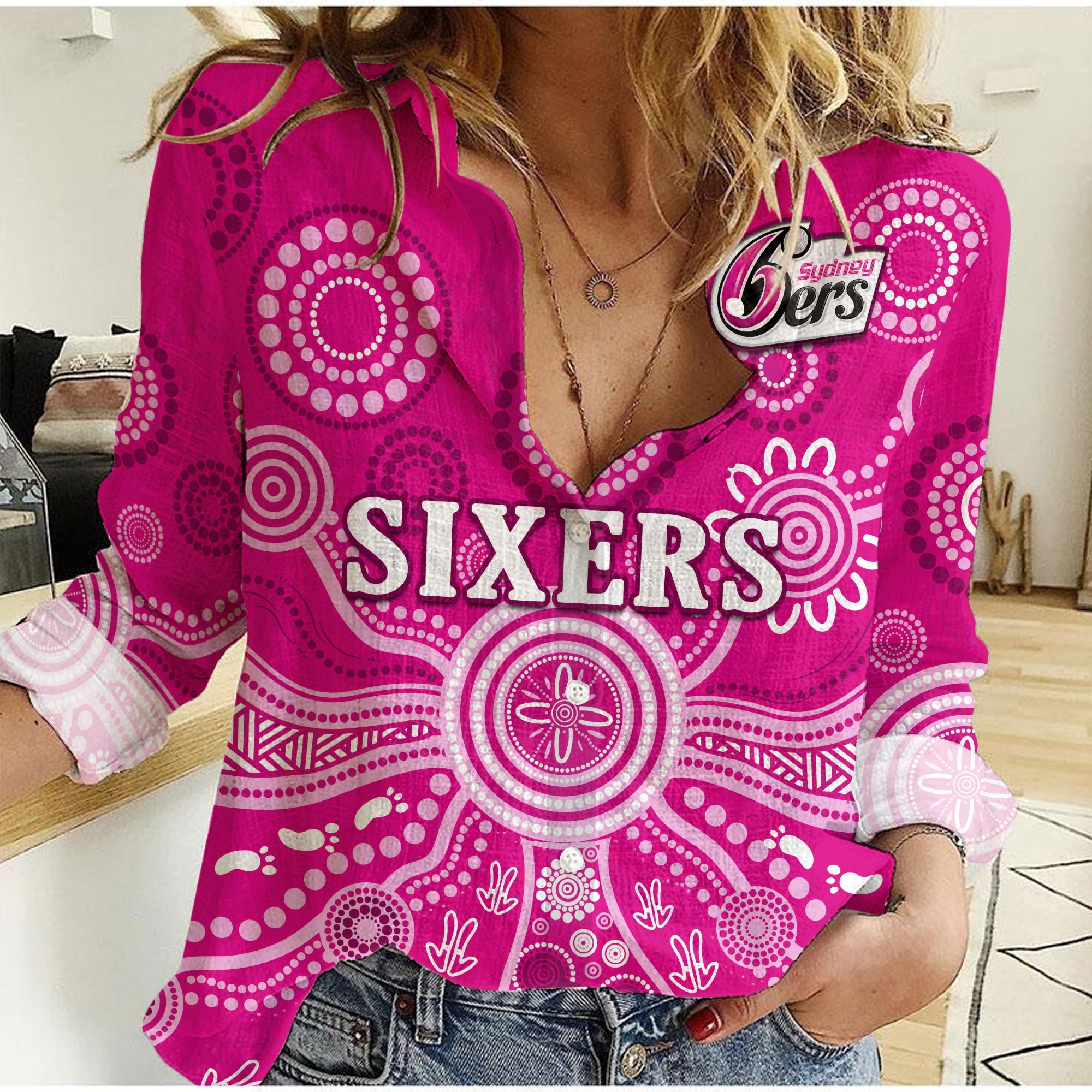 Sydney Sixers Women Casual Shirt Cricket Indigenous Australian Art Ver.02 - Vibe Hoodie Shop