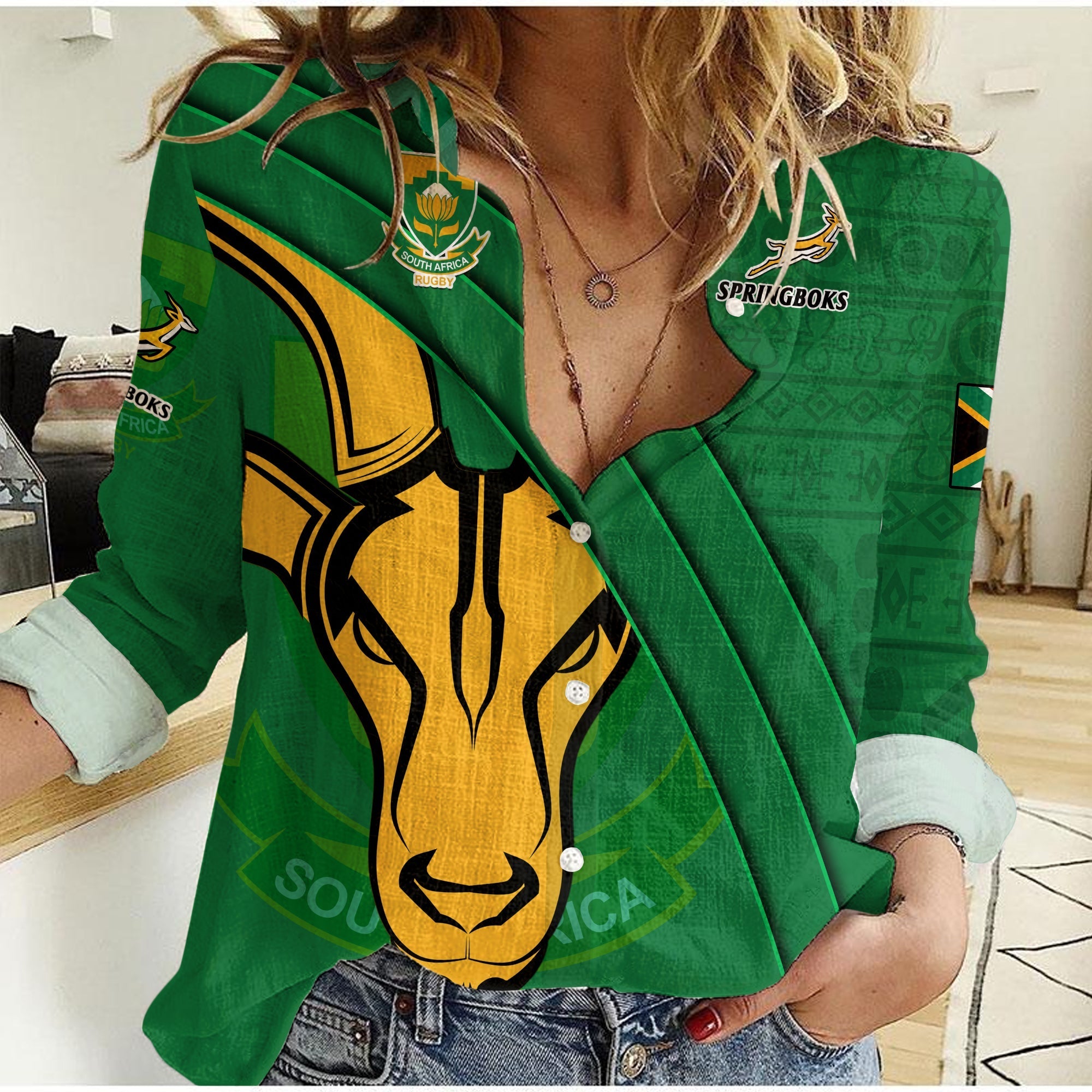 (Custom Text And Number) South Africa Rugby Women Casual Shirt Bokke Springboks With African Pattern Stronger Together - Vibe Hoodie Shop