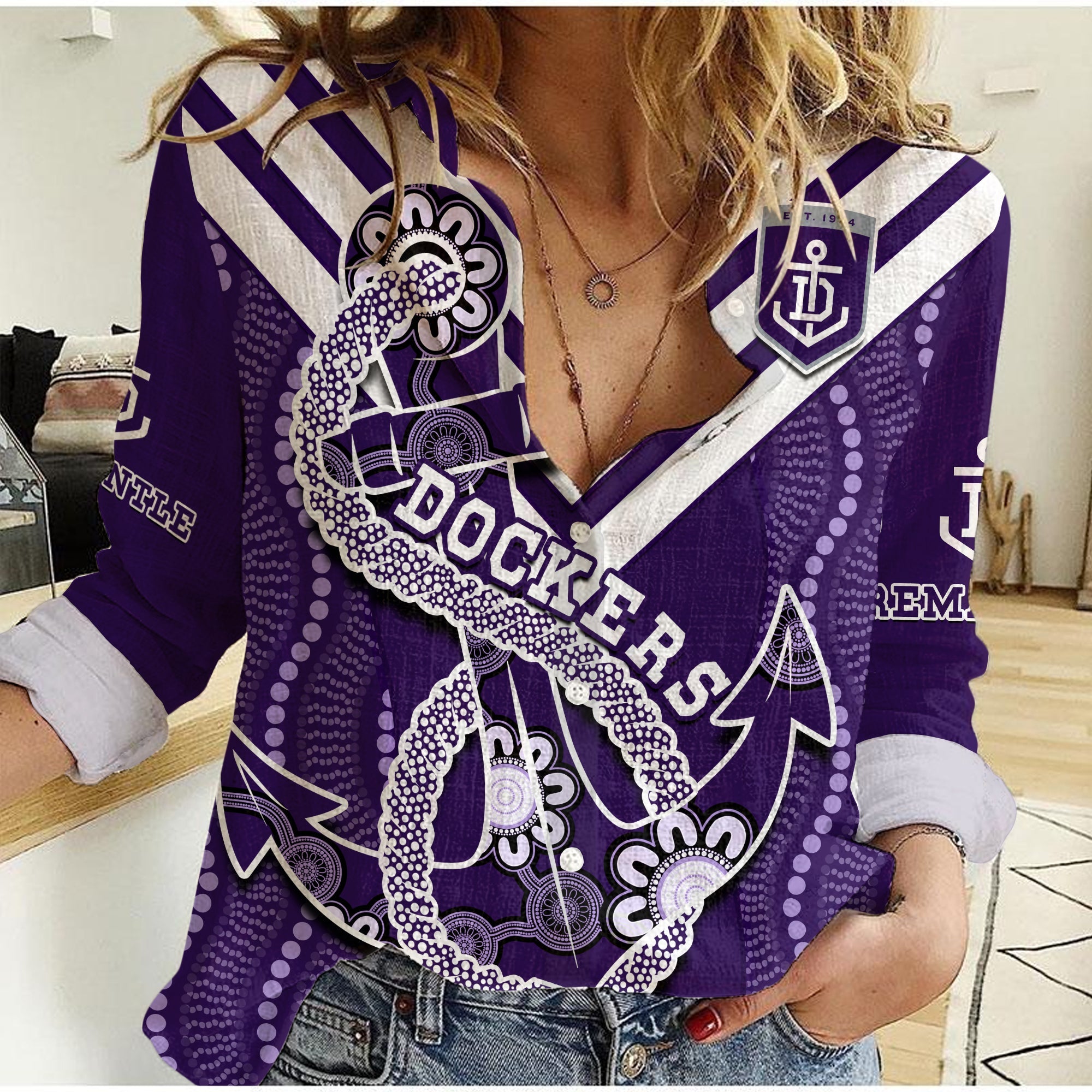 (Custom Text And Number) Dockers Football Women Casual Shirt Fremantle Anchor Mix Aboriginal Pattern Dynamic Style - Vibe Hoodie Shop