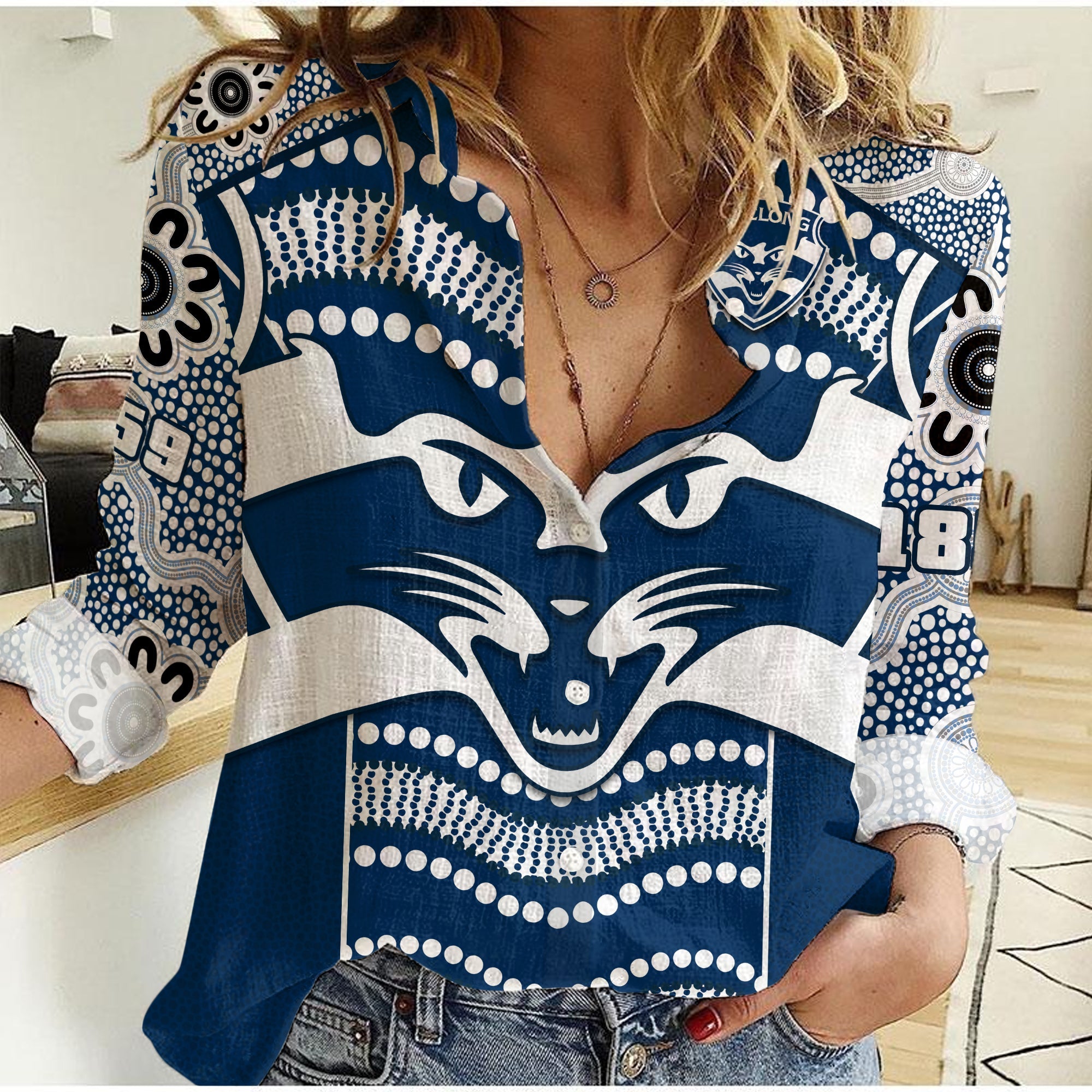 (Custom Text And Number) Cats Football Women Casual Shirt Geelong 1859 Indigenous Sporty Version - Vibe Hoodie Shop