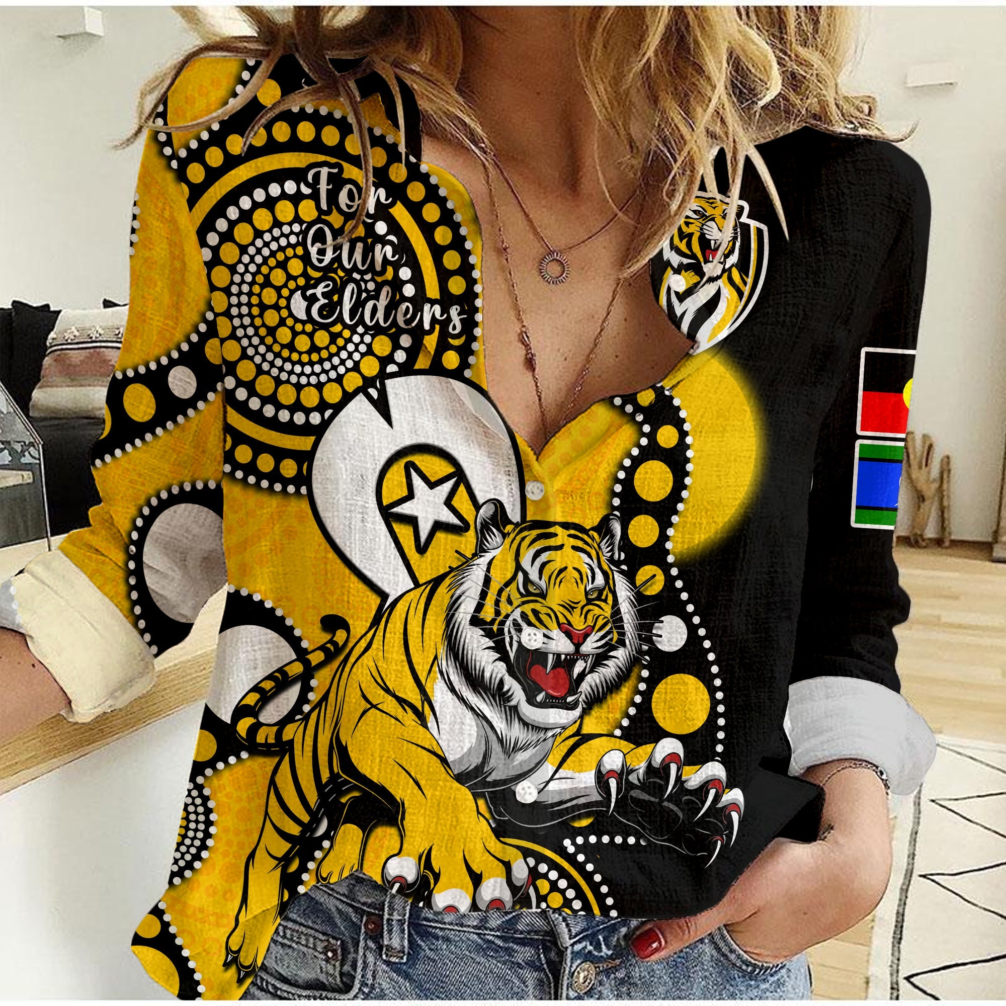 (Custom Text And Number) Richmond Football NAIDOC 2023 Women Casual Shirt Tigers For Our Elders Indigenous Art - Vibe Hoodie Shop