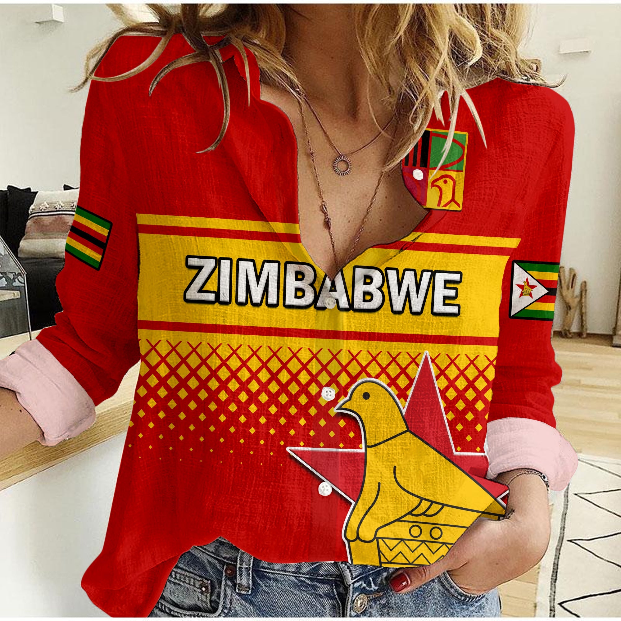 (Custom Text And Number) Zimbabwe Cricket Women Casual Shirt The Chevrons ODI Style - Vibe Hoodie Shop