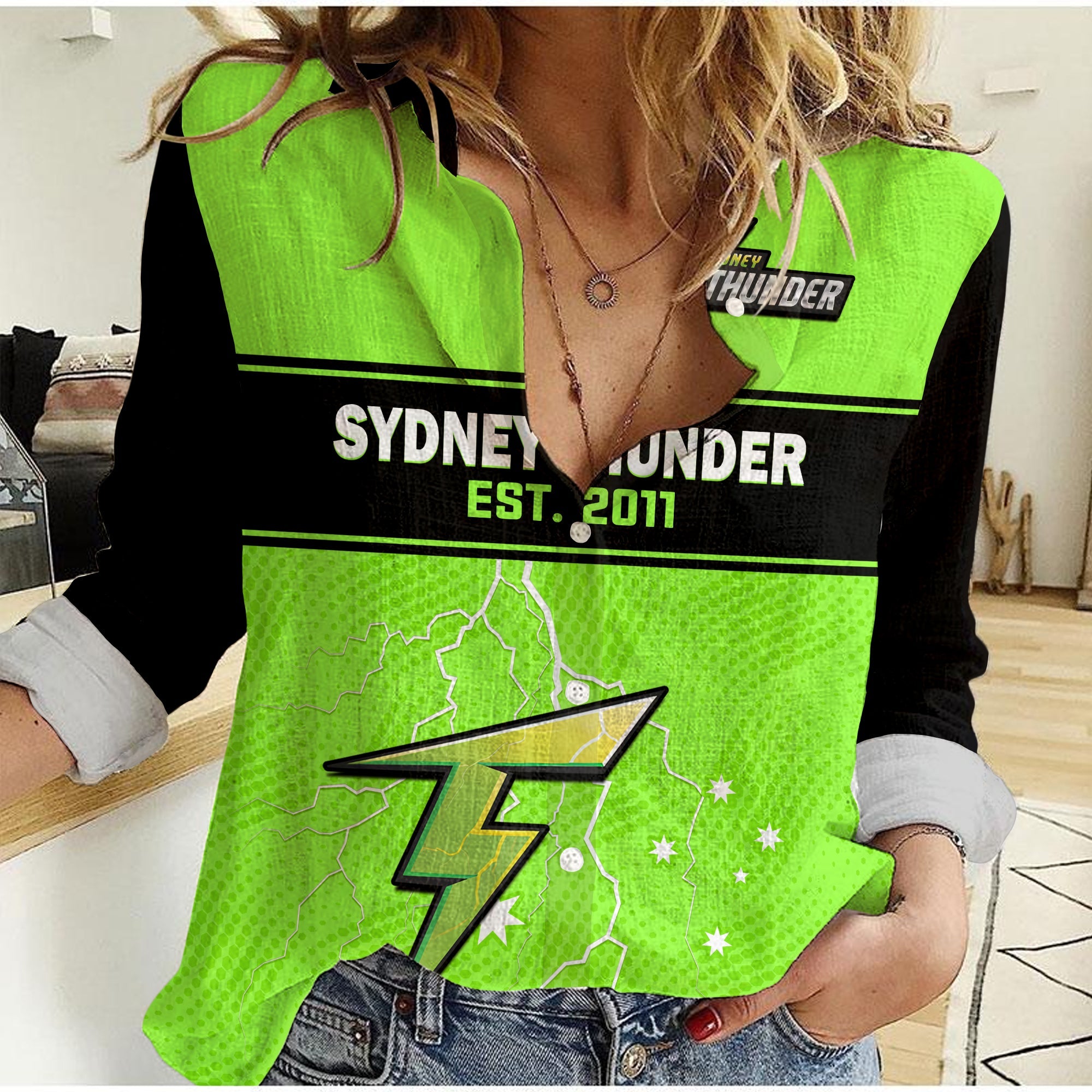 (Custom Text And Number) Sydney Thunder Cricket Women Casual Shirt Est 2011 Sporty - Vibe Hoodie Shop