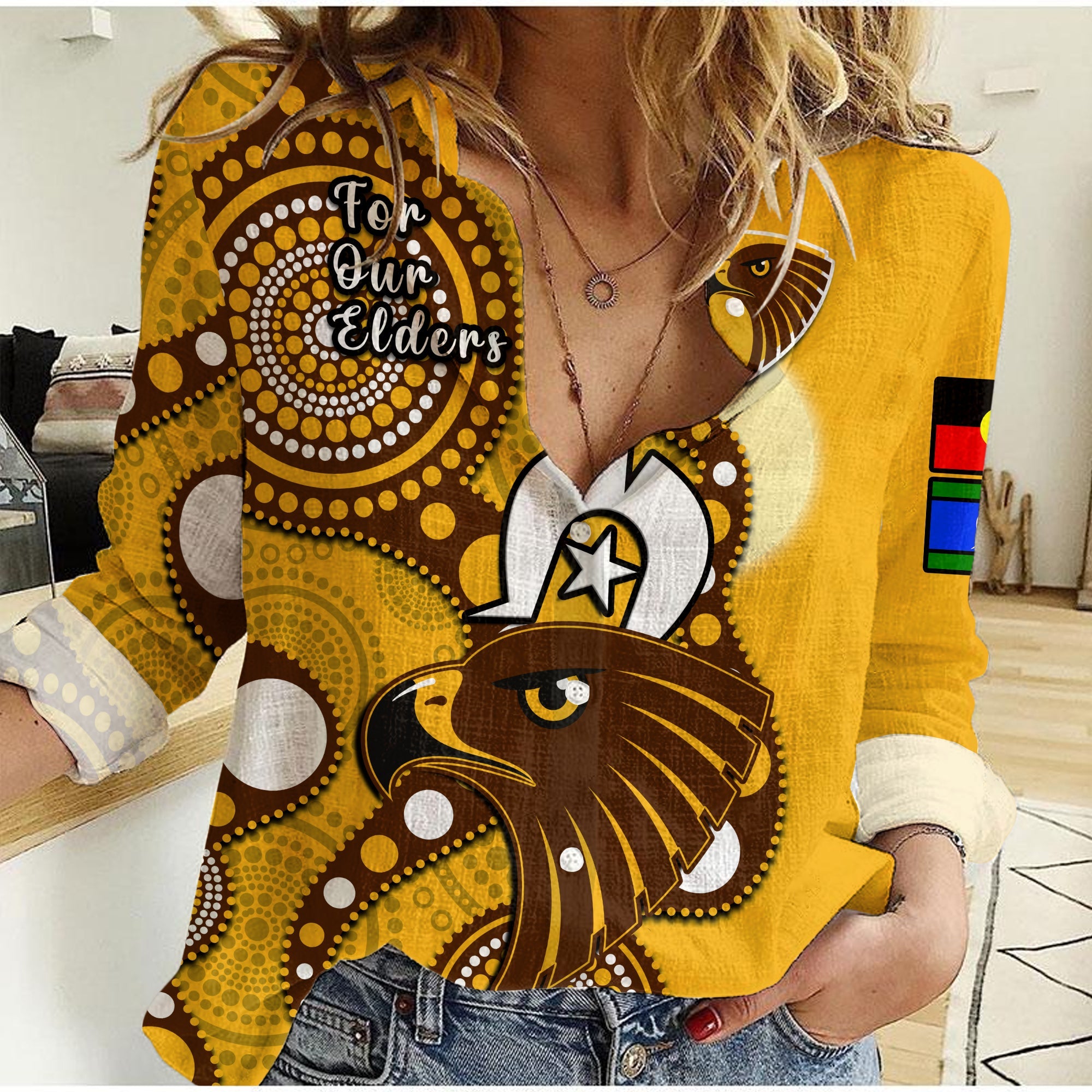 Hawthorn Football NAIDOC 2023 Women Casual Shirt Hawks For Our Elders Indigenous - Vibe Hoodie Shop