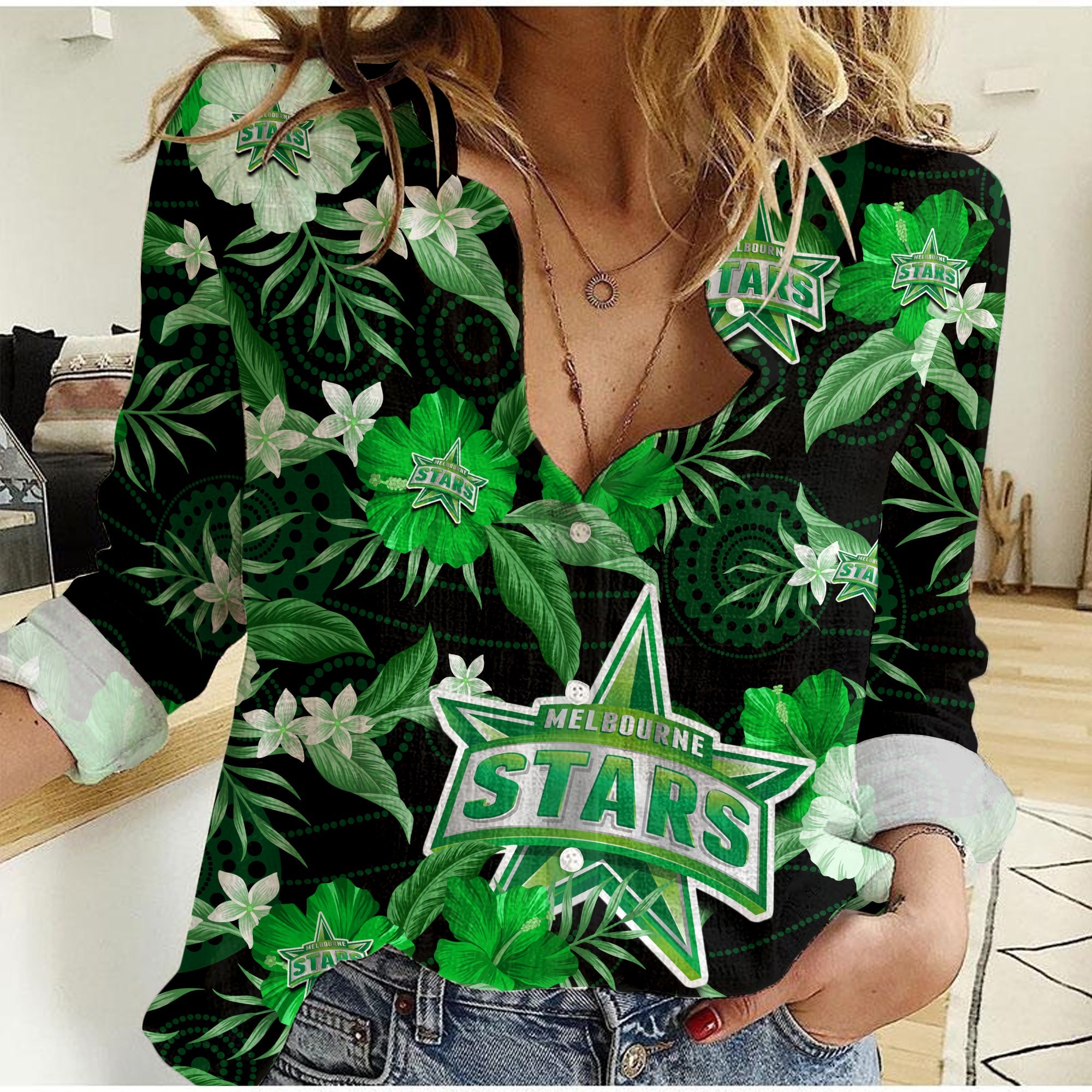 (Custom Text And Number) Melbourne Stars Cricket Women Casual Shirt Aboriginal Art Mix Tropical Flowers - Vibe Hoodie Shop