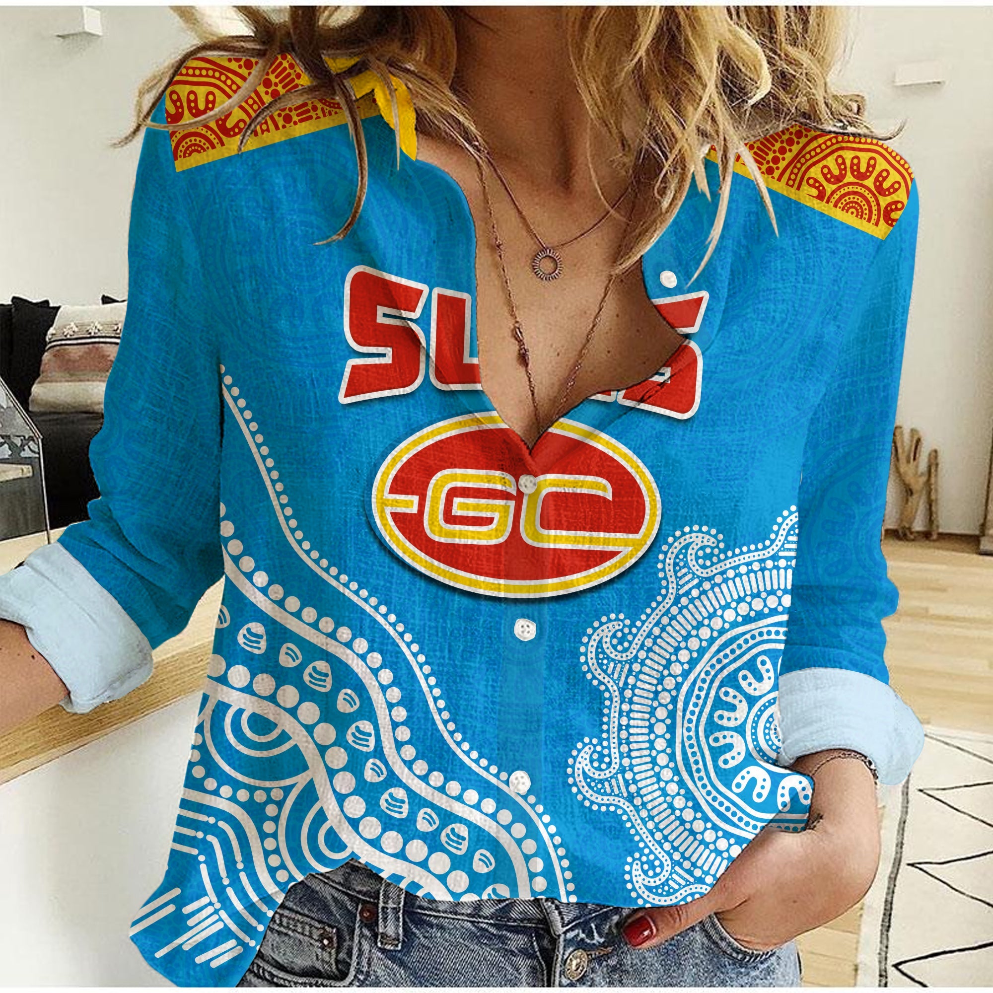 (Custom Text And Number) Suns Women Casual Shirt Go Sunnies Aboriginal Simple Style - Vibe Hoodie Shop