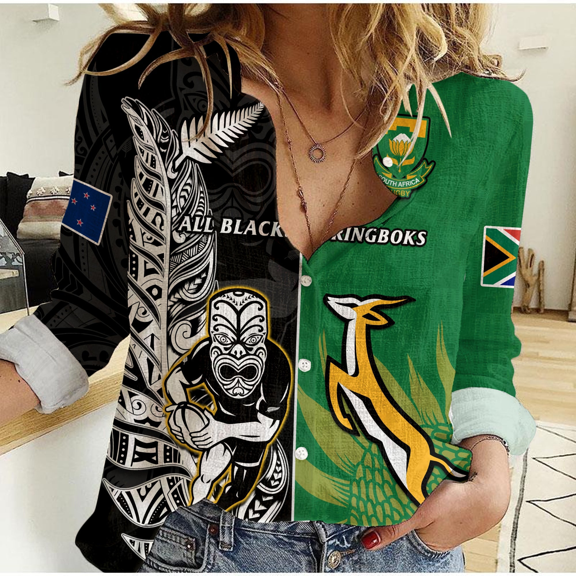 (Custom Personalised) New Zealand And South Africa Rugby Women Casual Shirt All Black Maori Mix Springboks - Vibe Hoodie Shop