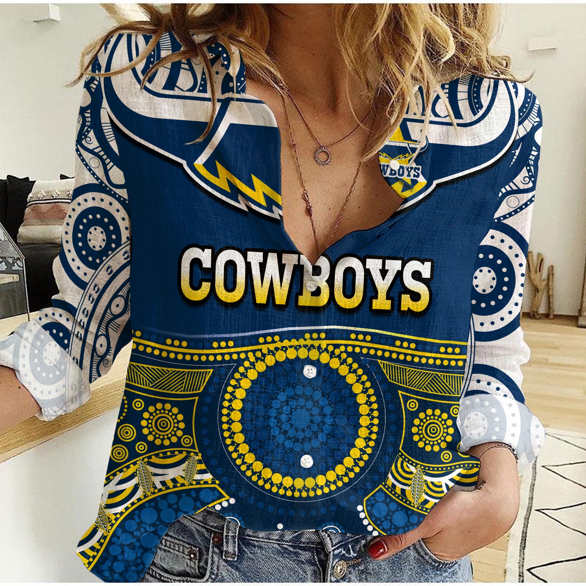 (Custom Text And Number) Cowboys Rugby Women Casual Shirt Aboriginal Art - Vibe Hoodie Shop