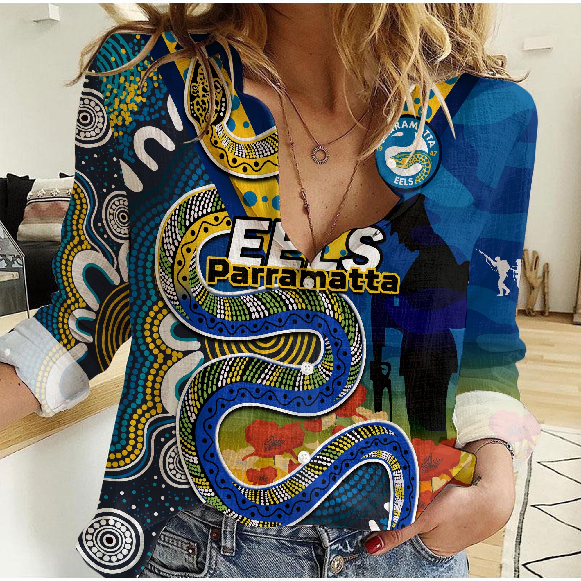 (Custom Text And Number) Eels Rugby ANZAC 2023 Women Casual Shirt Aboriginal Mix Poppy Lest We Forget - Vibe Hoodie Shop