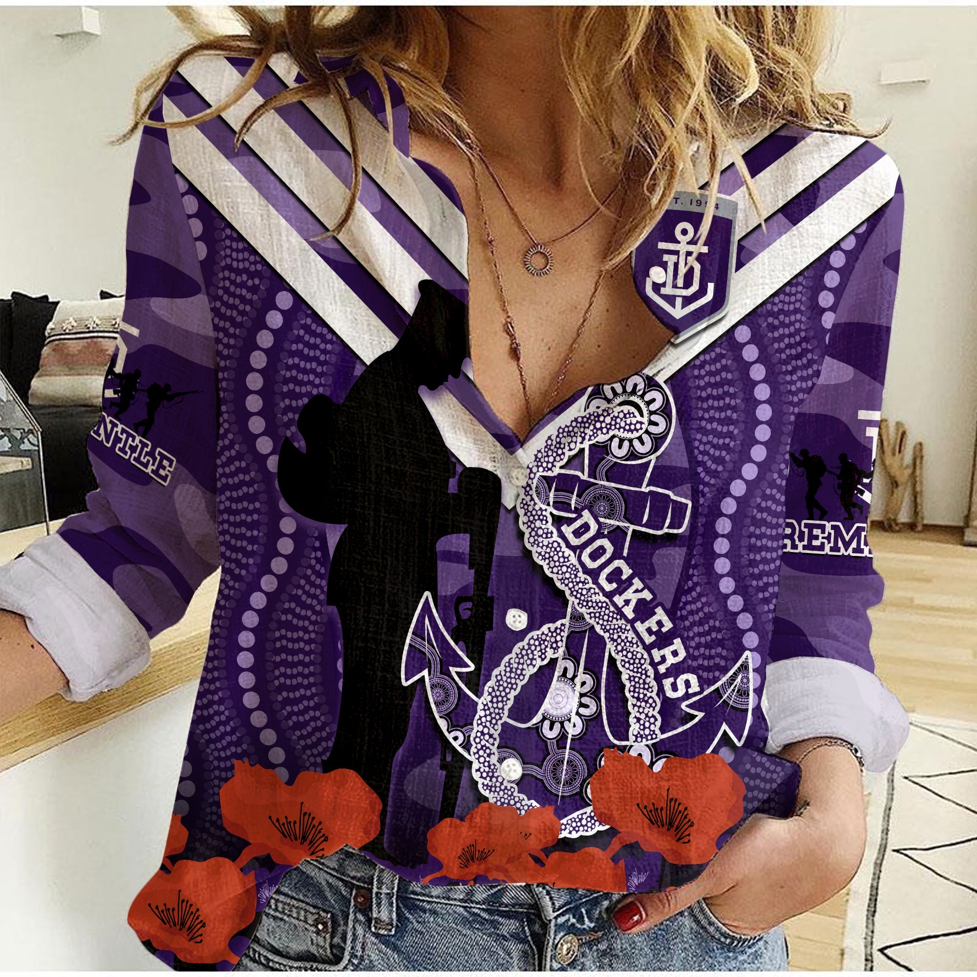 Dockers Football ANZAC 2023 Women Casual Shirt Aboriginal Mix Poppy Camouflage - Vibe Hoodie Shop