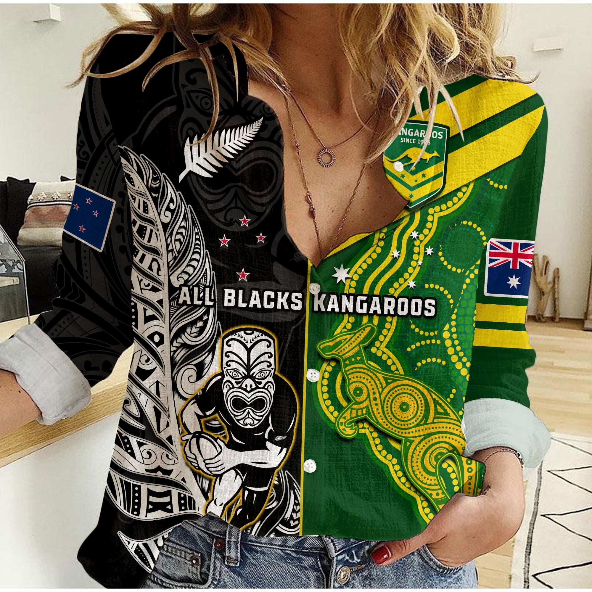 (Custom Personalised) Australia Kangaroos And All Black Rugby Women Casual Shirt Aboriginal Mix NZ Maori Fern - Vibe Hoodie Shop