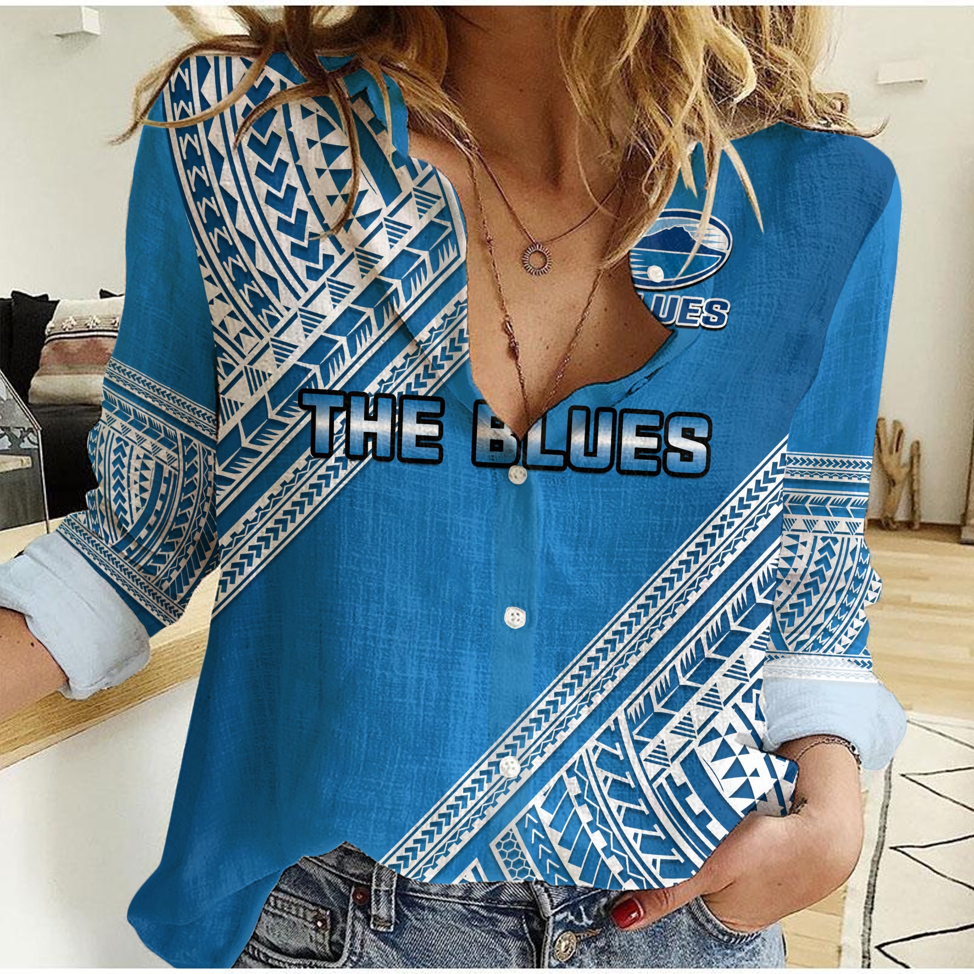 Blues Rugby Women Casual Shirt Aotearoa Super Auckland Polynesian Pattern - Vibe Hoodie Shop