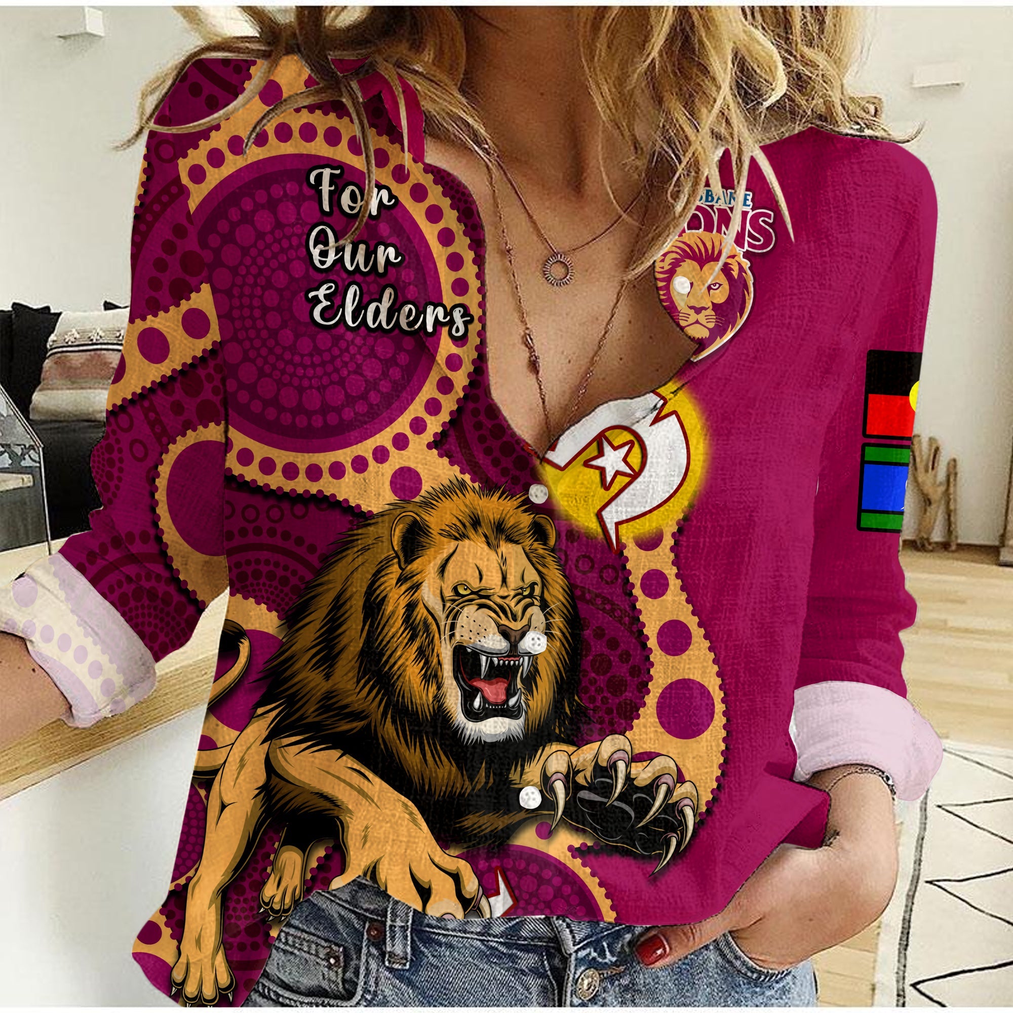 Brisbane Lions Football NAIDOC 2023 Women Casual Shirt For Our Elders Indigenous Art - Vibe Hoodie Shop