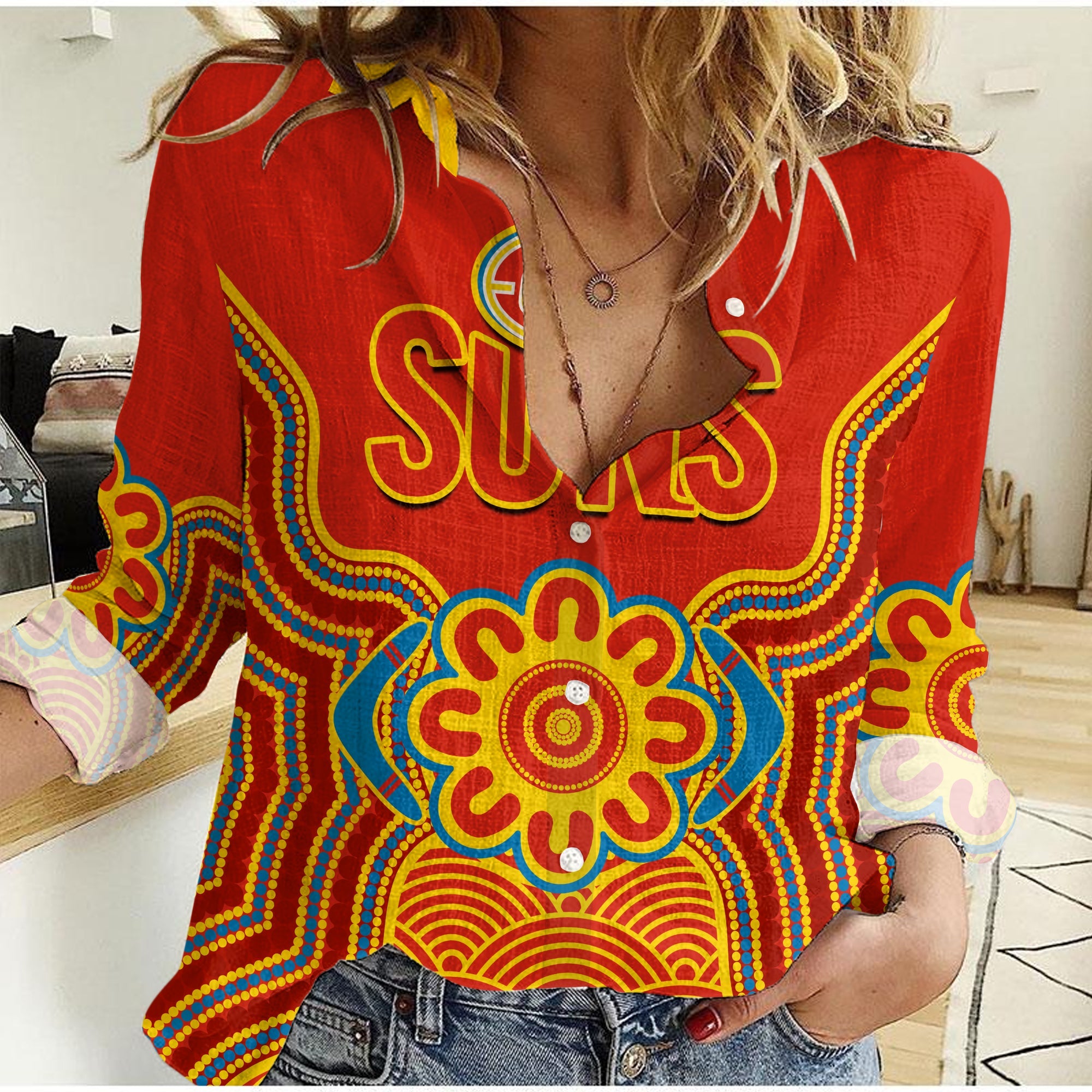 Gold Coast Football Women Casual Shirt Suns Indigenous Pattern - Vibe Hoodie Shop