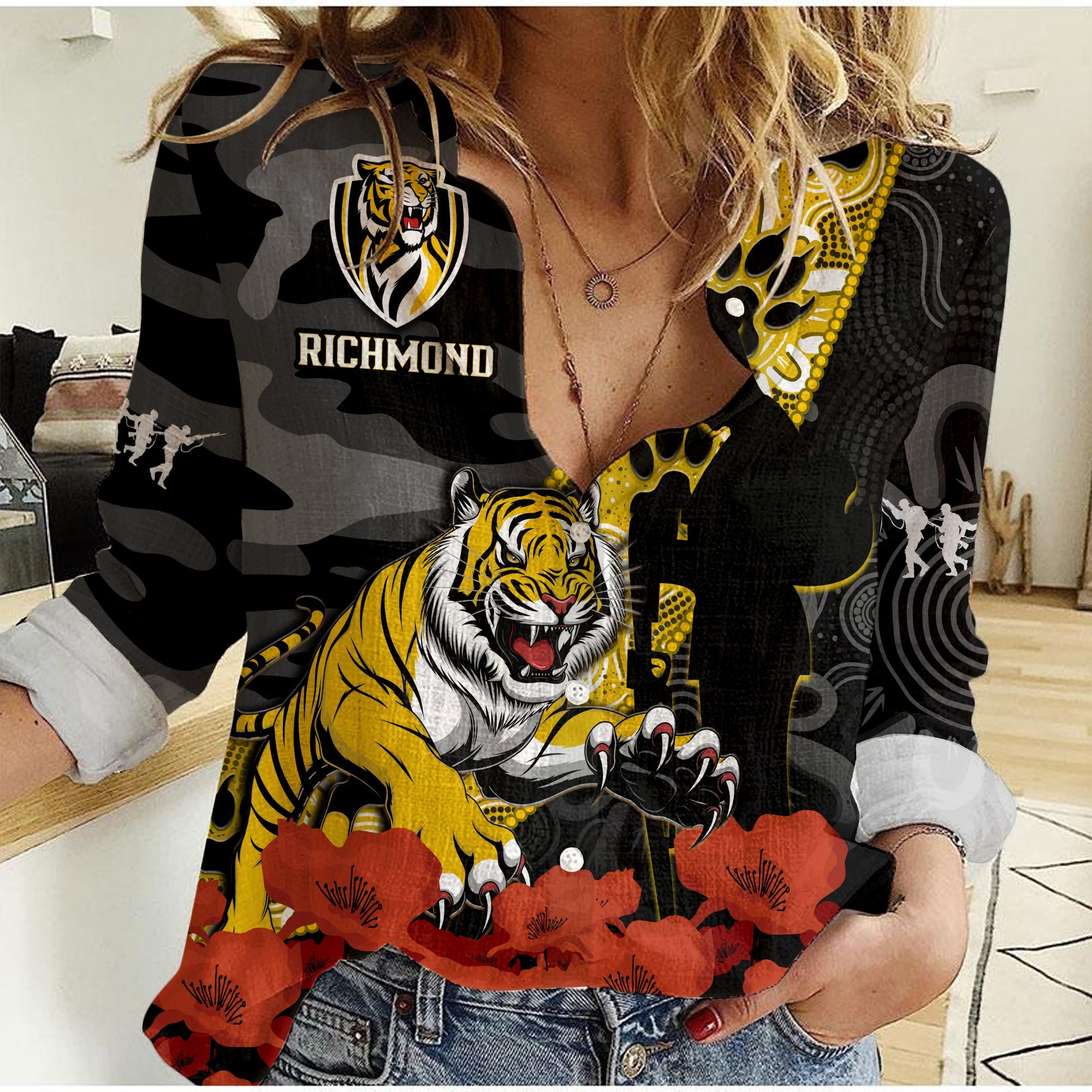 (Custom Text And Number) Richmond Football ANZAC 2023 Women Casual Shirt Tigers Aboriginal Mix Poppy Camouflage - Vibe Hoodie Shop