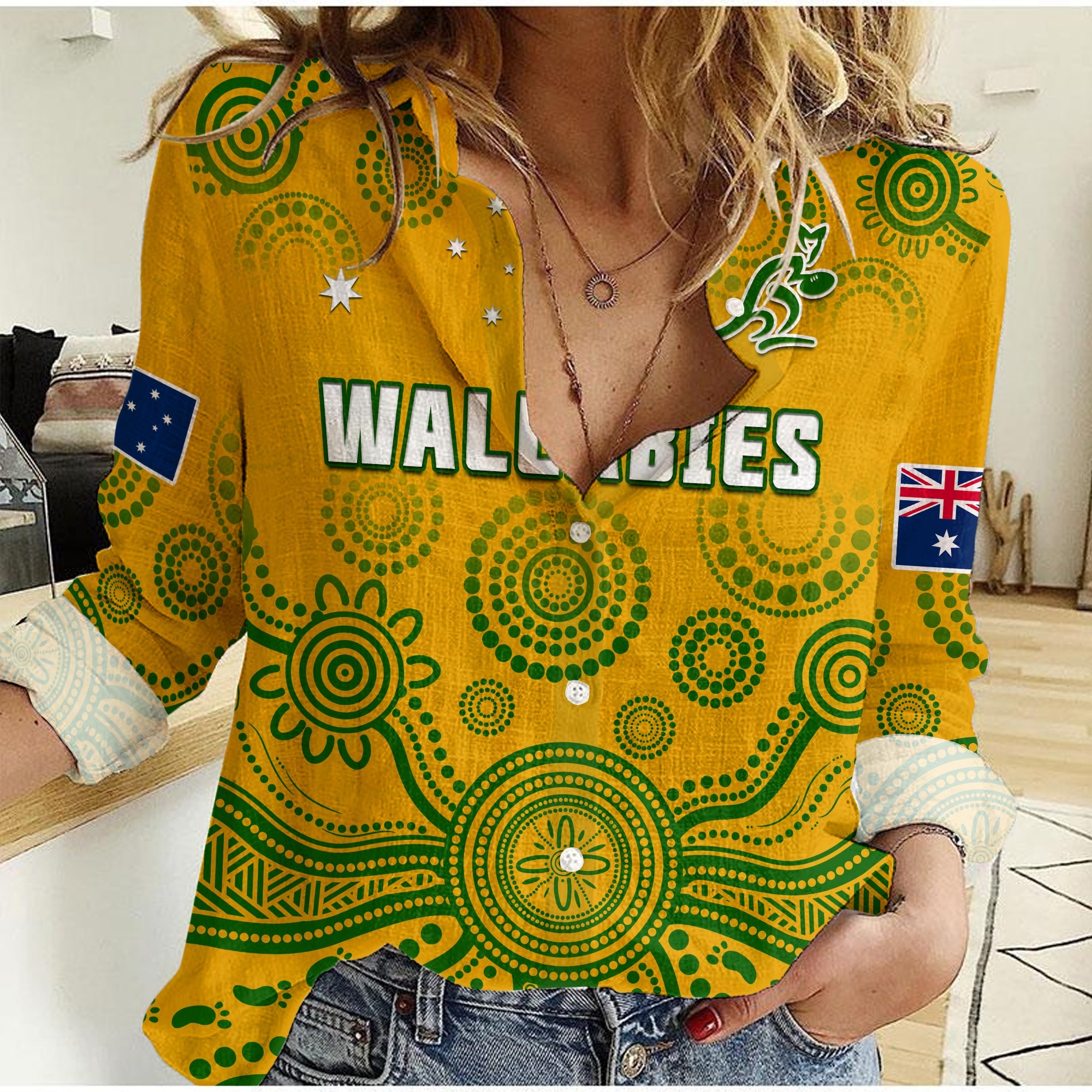 (Custom Text And Number) Australia 2022 Rugby Women Casual Shirt Wallabies Aboriginal Yellow Style - Vibe Hoodie Shop