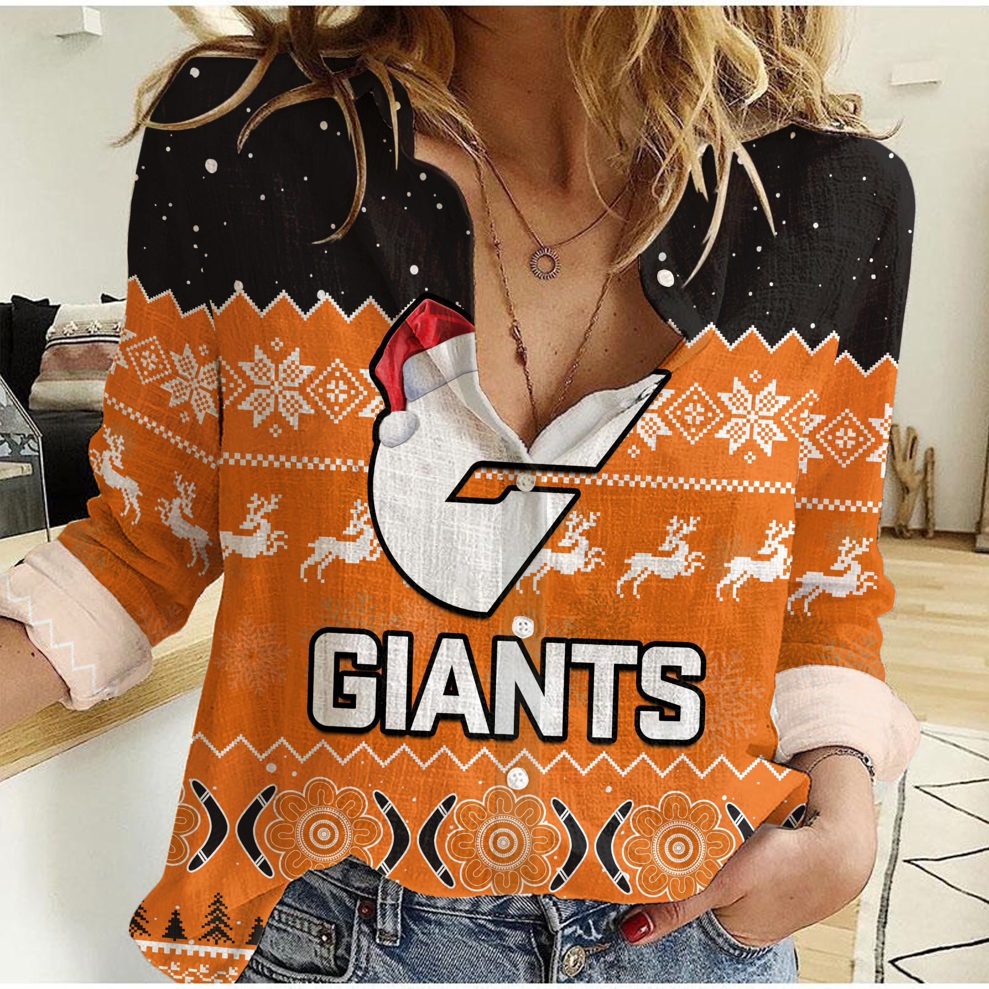 (Custom Personalised) Greater Western Sydney Football Women Casual Shirt Giants Aboriginal Merry Christmas - Vibe Hoodie Shop