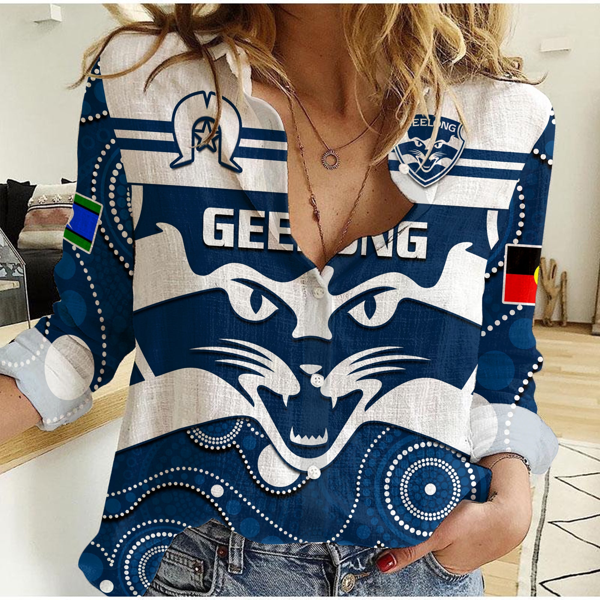 (Custom Text And Number) Geelong Football NAIDOC 2023 Women Casual Shirt Cats For Our Elders Indigenous Art - Vibe Hoodie Shop