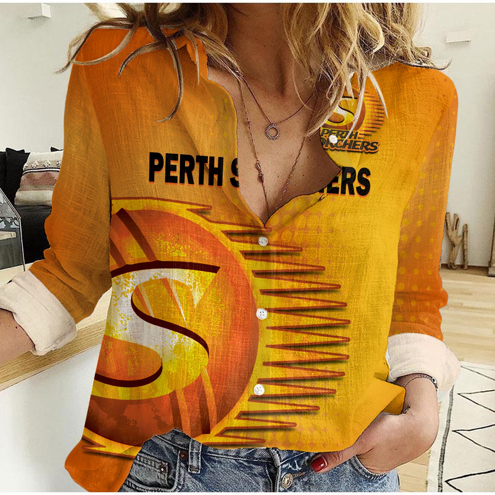 (Custom Text And Number) Perth Scorchers Cricket 2023 Women Casual Shirt Simple Style - Vibe Hoodie Shop