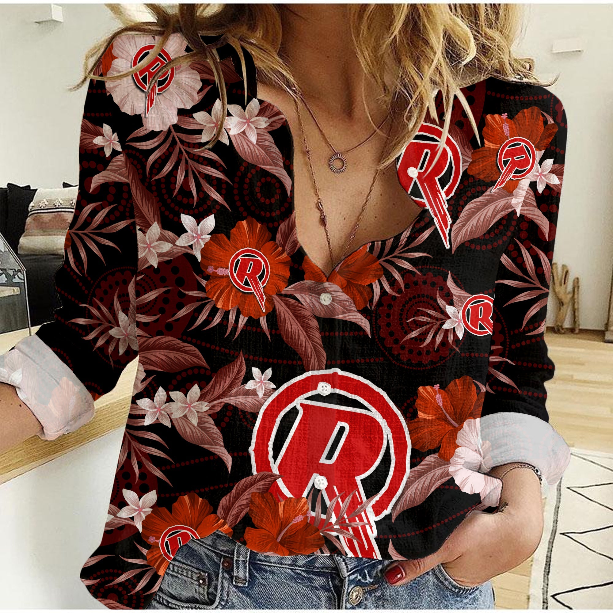 (Custom Text And Number) Melbourne Renegades Cricket Women Casual Shirt Aboriginal Art Mix Tropical Flowers - Vibe Hoodie Shop