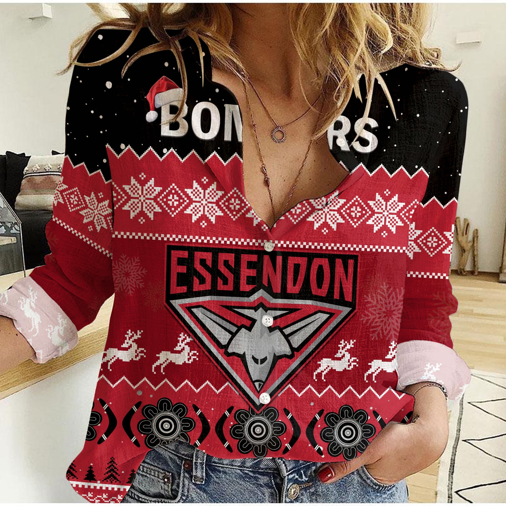 Essendon Football Women Casual Shirt Bombers Indigenous Merry Christmas - Vibe Hoodie Shop