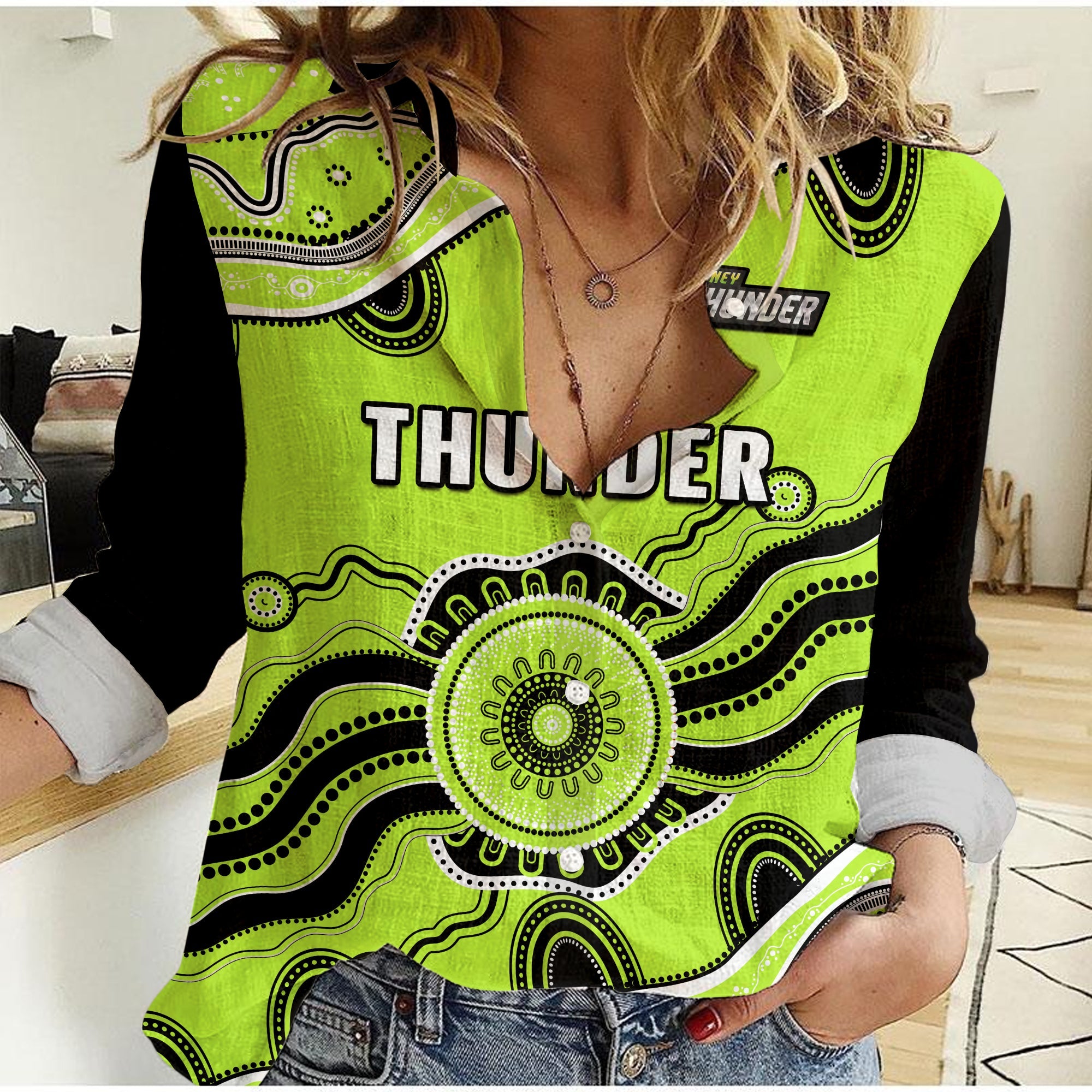 (Custom Text And Number) Thunder Cricket Women Casual Shirt Sydney Aboriginal Painting - Vibe Hoodie Shop
