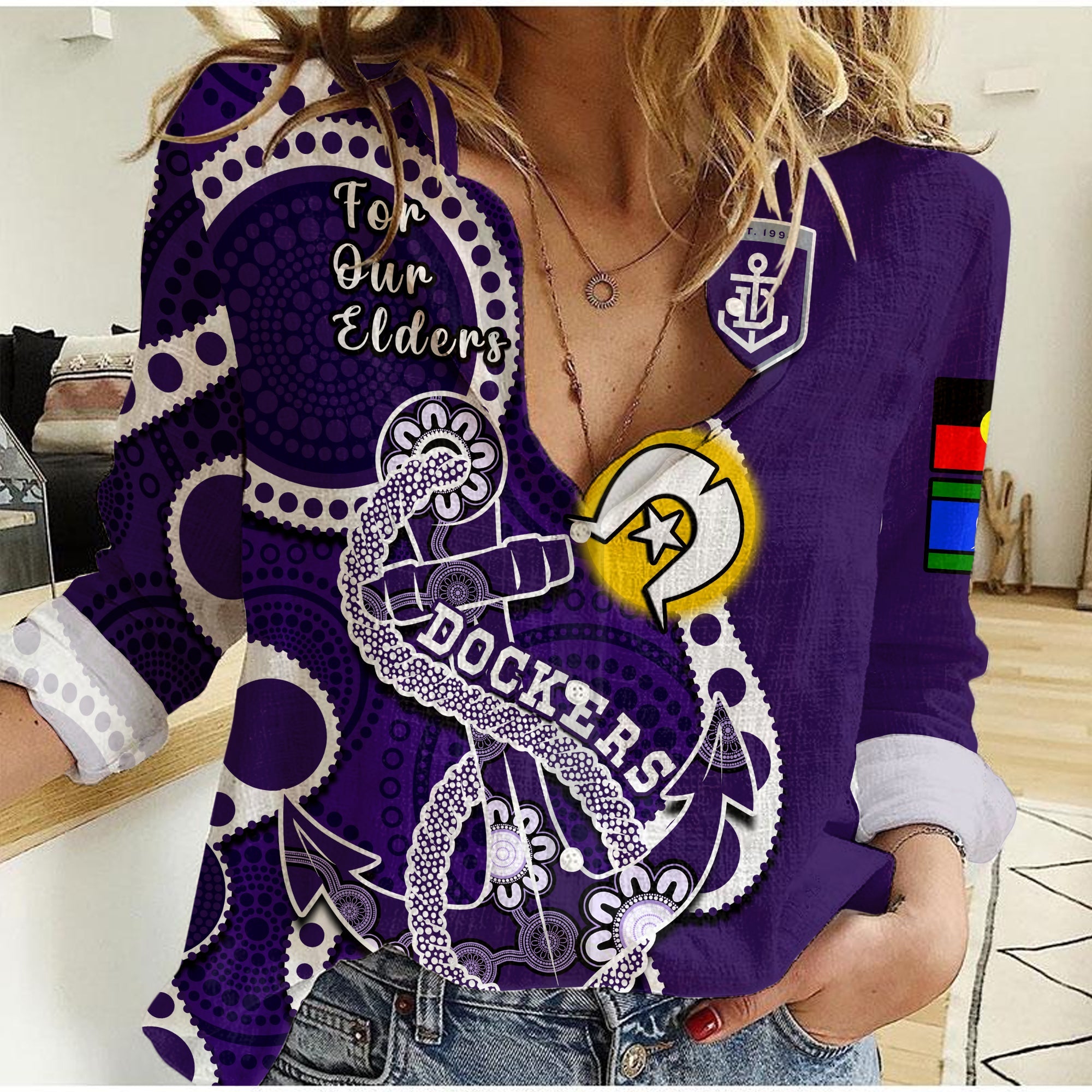 Fremantle Football NAIDOC 2023 Women Casual Shirt Dockers For Our Elders Indigenous Art - Vibe Hoodie Shop