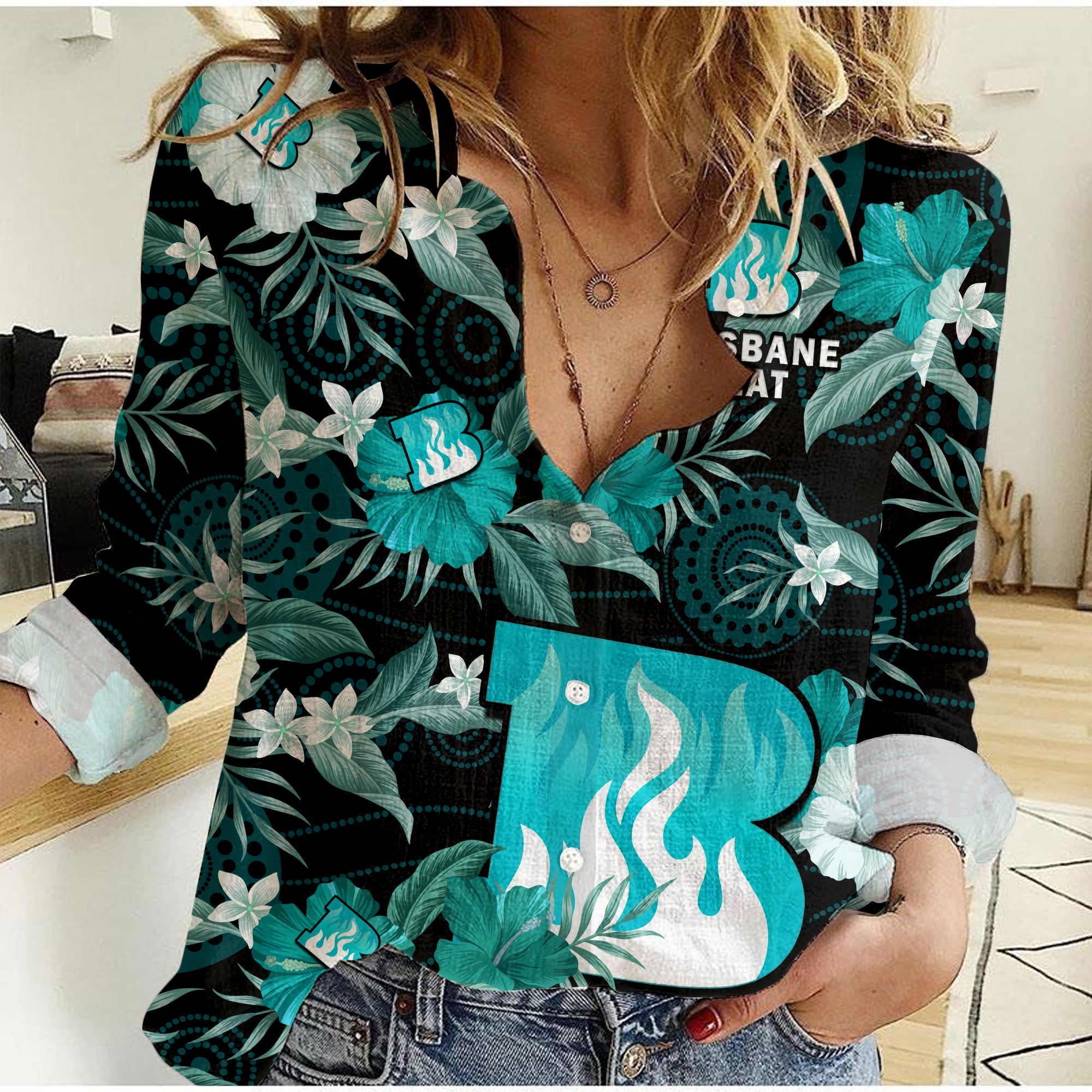 (Custom Text And Number) Brisbane Heat Cricket Women Casual Shirt Aboriginal Art Mix Tropical Flowers - Vibe Hoodie Shop