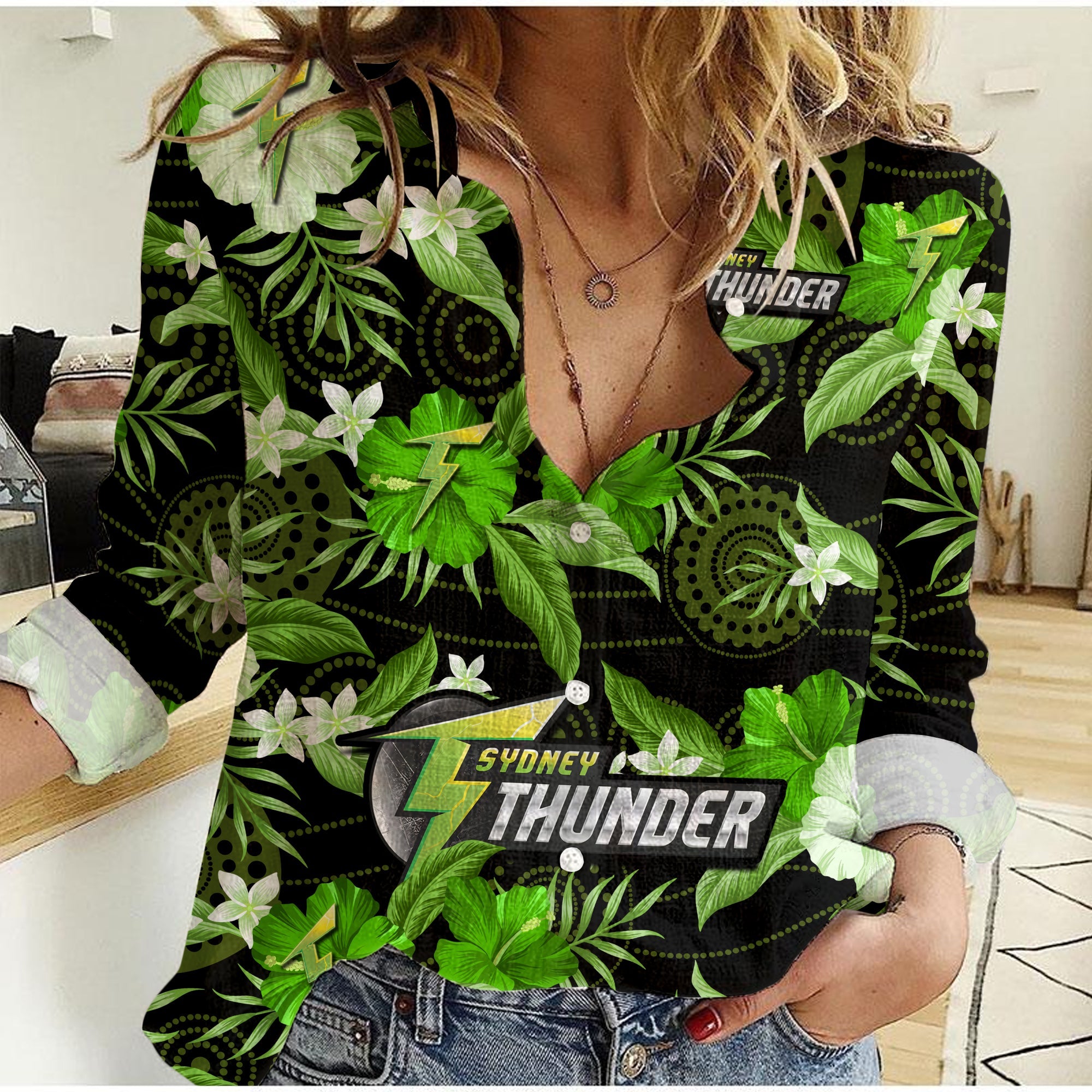 Sydney Thunder Cricket Women Casual Shirt Aboriginal Art Mix Tropical Flowers - Vibe Hoodie Shop