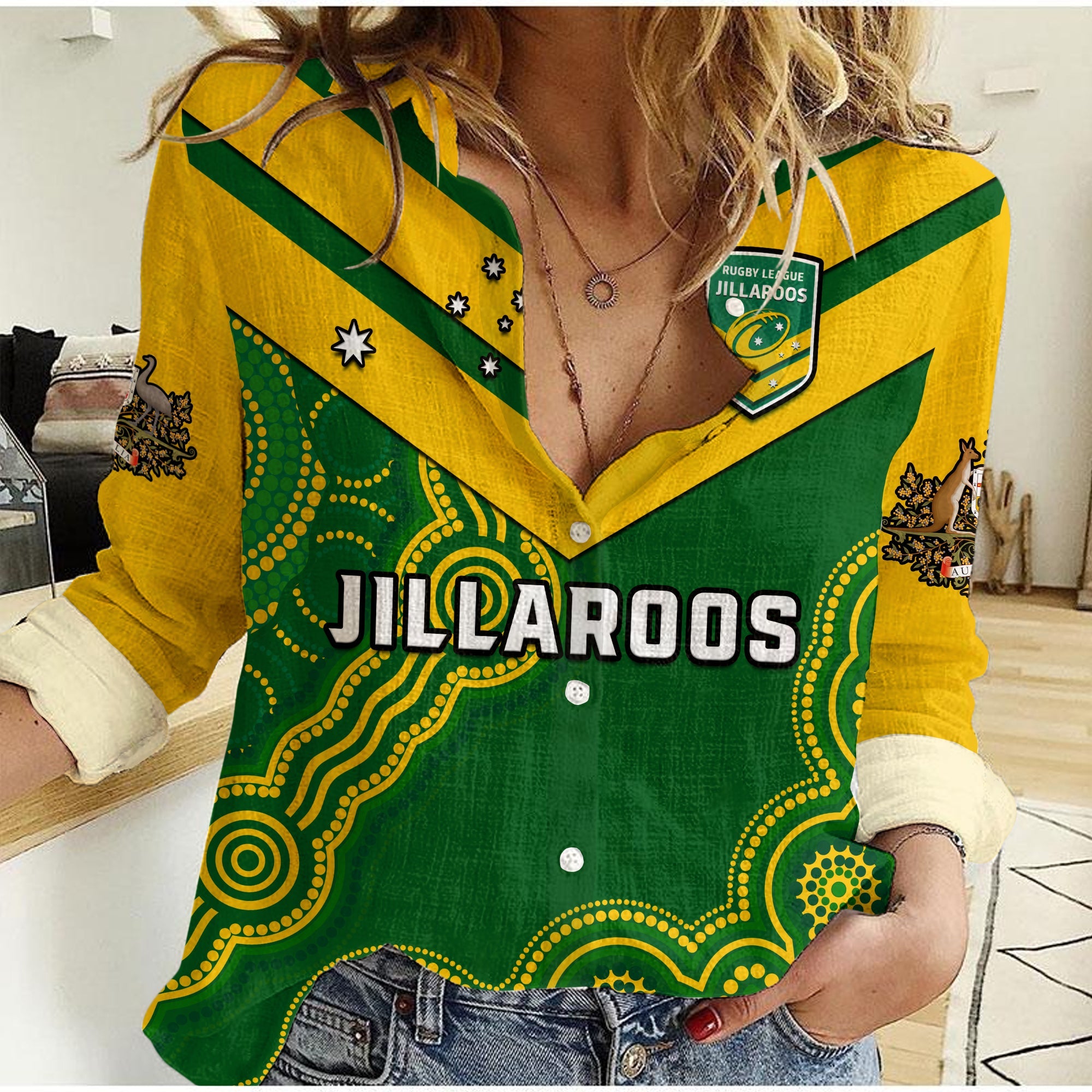 Australia Rugby Women Casual Shirt Jillaroos Champions Indigenous Green Style - Vibe Hoodie Shop