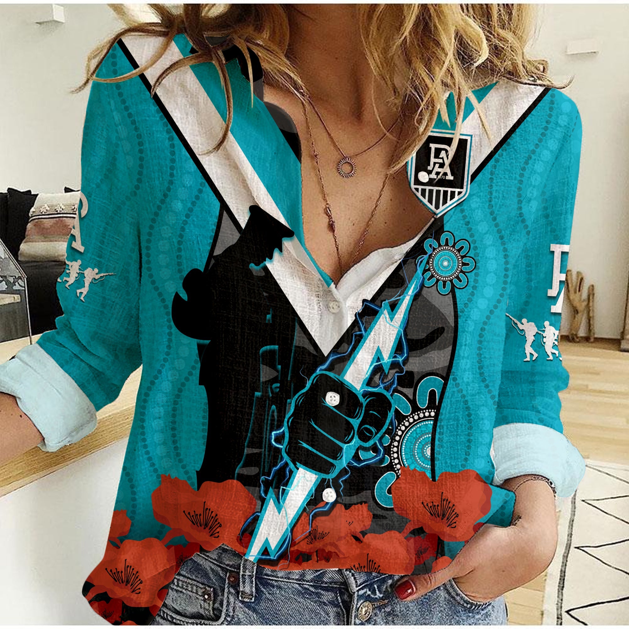 Port Adelaide Football ANZAC 2023 Women Casual Shirt Power Aboriginal Mix Poppy Camouflage - Vibe Hoodie Shop