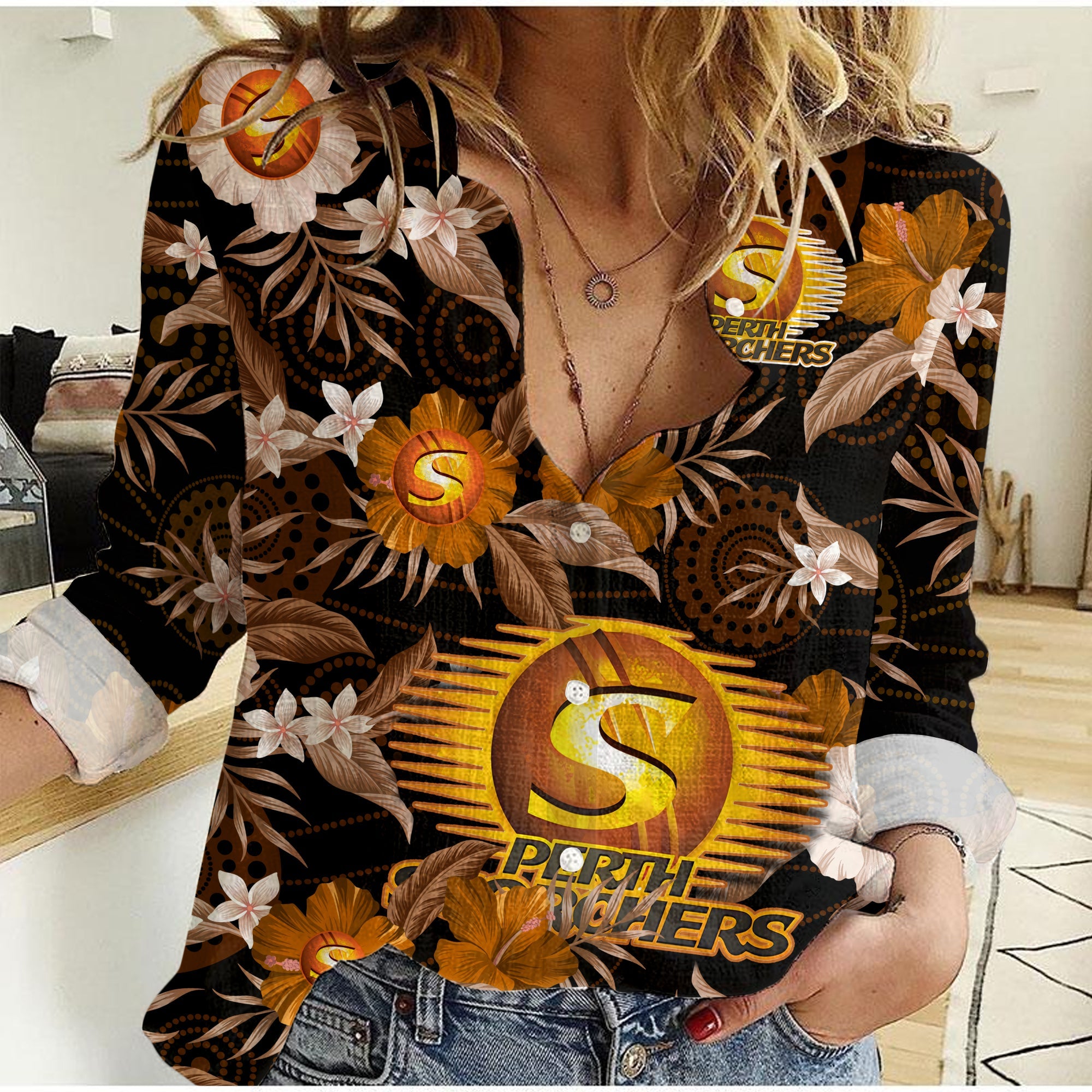 Perth Scorchers Cricket Women Casual Shirt Aboriginal Art Mix Tropical Flowers - Vibe Hoodie Shop