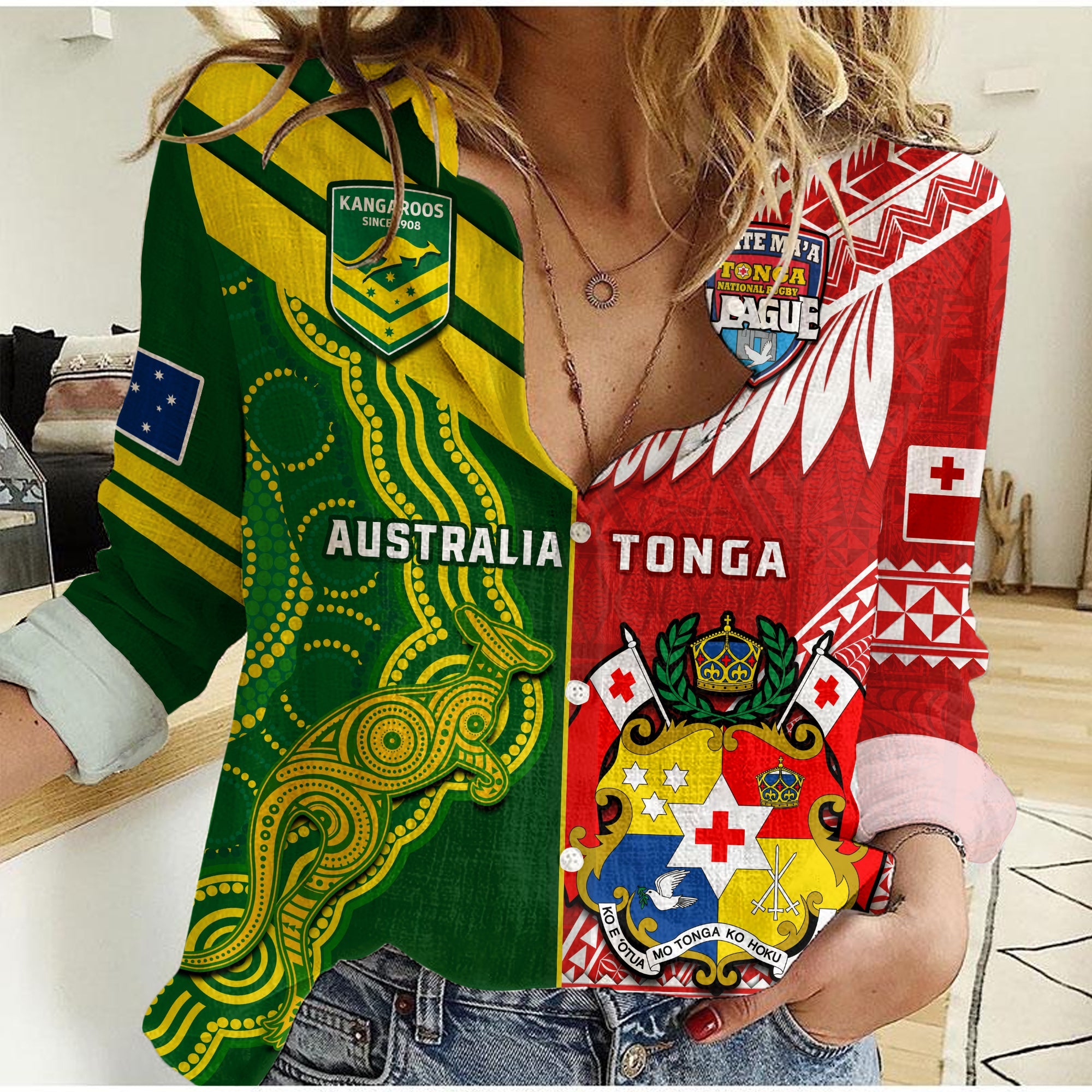 (Custom Personalised) Tonga And Australia Rugby Women Casual Shirt Mate Maa Tonga Mix Kangaroos - Vibe Hoodie Shop