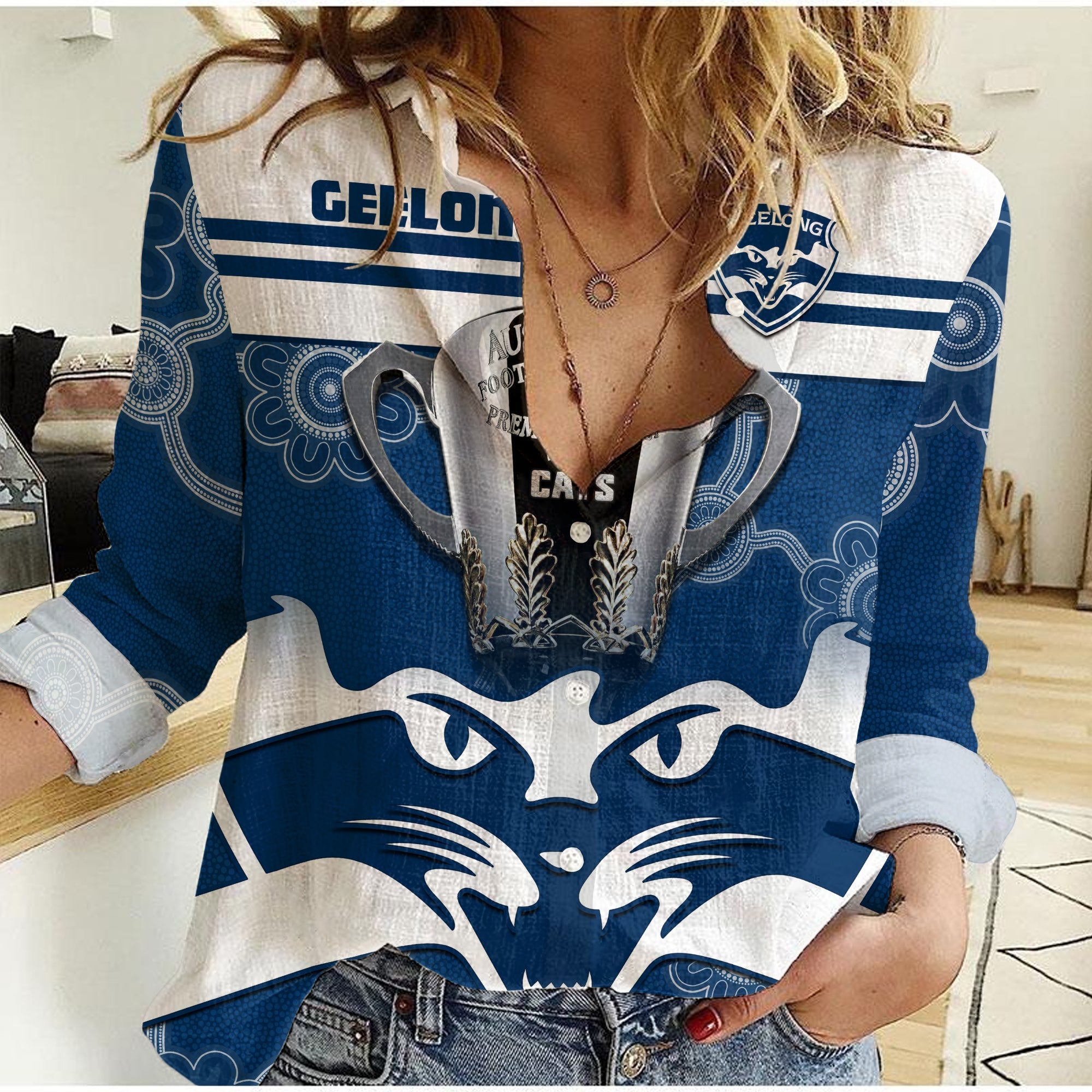 Cats Football Women Casual Shirt Geelong Premiers 2022 Aboriginal - Vibe Hoodie Shop