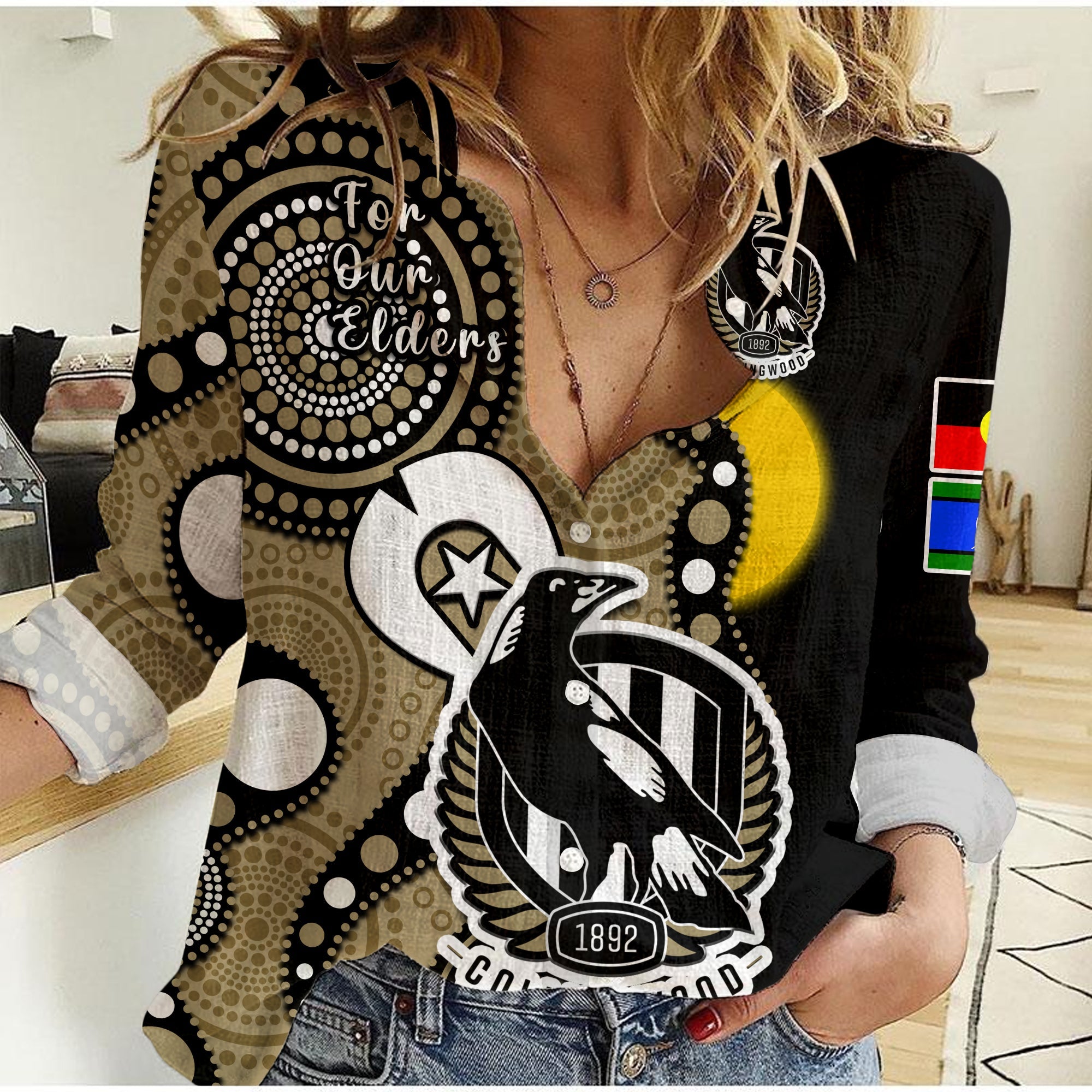 (Custom Text And Number) Collingwood Football NAIDOC 2023 Women Casual Shirt Magpies For Our Elders Indigenous Art - Vibe Hoodie Shop