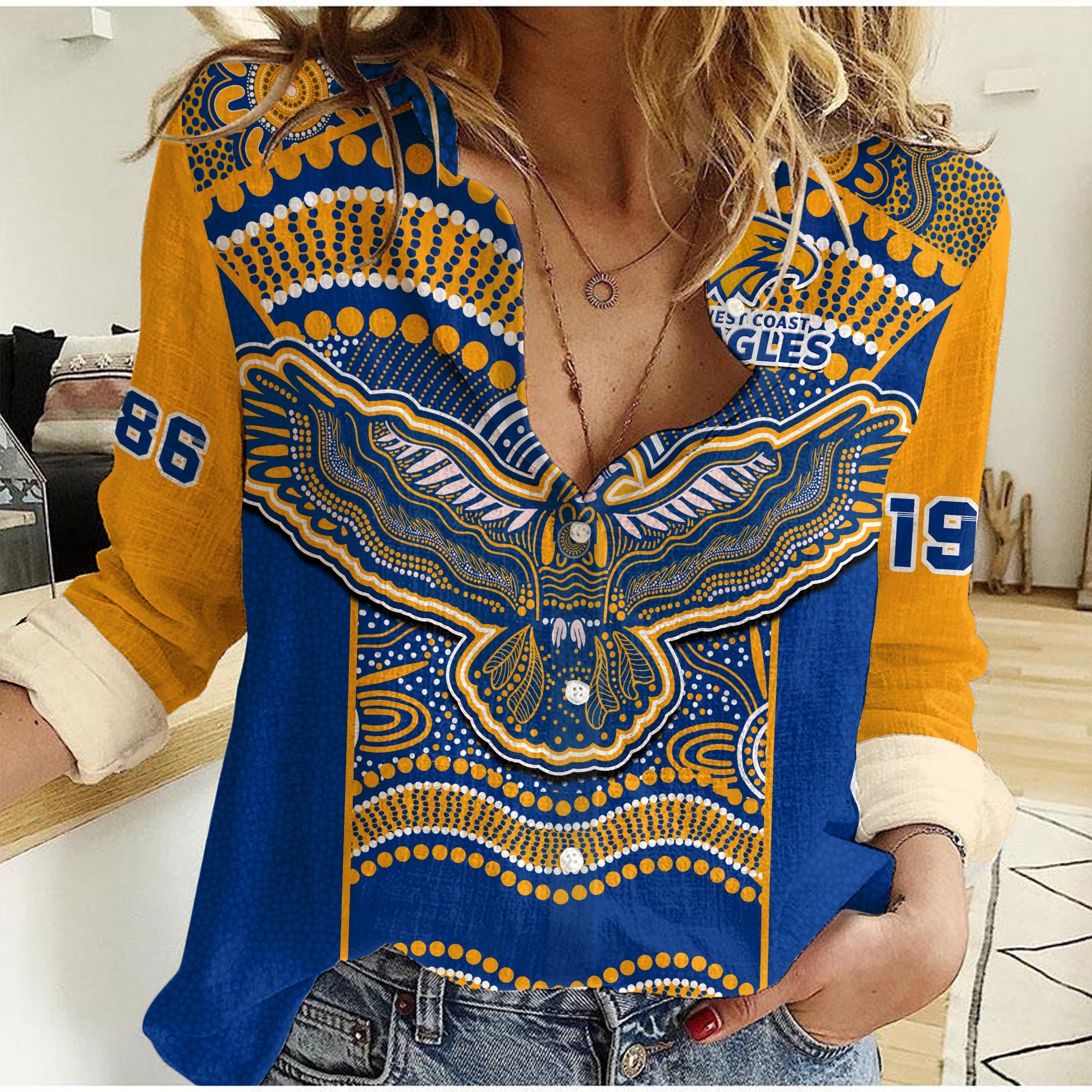 (Custom Text And Number) Eagles Football Women Casual Shirt West Coast 1986 Aboriginal Sporty Style - Vibe Hoodie Shop