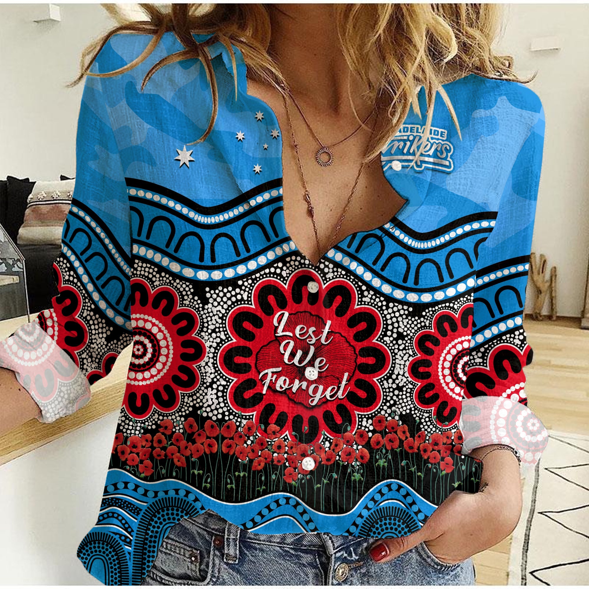 Adelaide Strikers Cricket ANZAC Women Casual Shirt Poppy Aboriginal Camouflage - Vibe Hoodie Shop