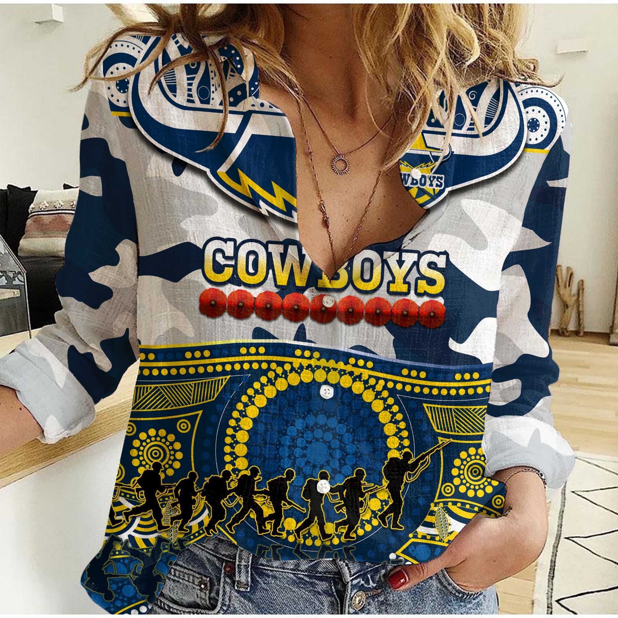 (Custom Text And Number) Cowboys Rugby ANZAC Women Casual Shirt Indigenous Poppy Mix Camouflage - Vibe Hoodie Shop