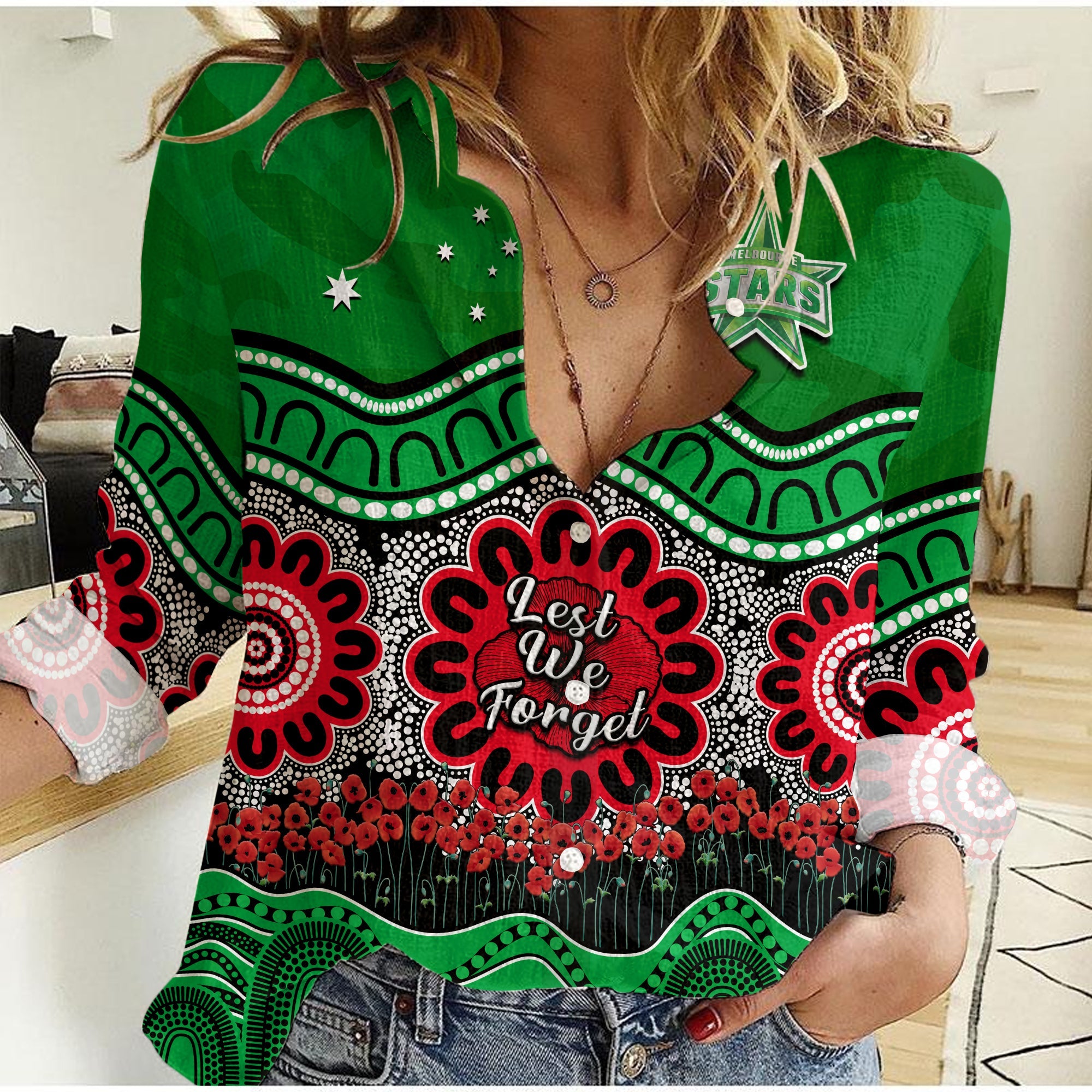 Stars Cricket ANZAC Women Casual Shirt Melbourne Poppy Aboriginal Camouflage - Vibe Hoodie Shop