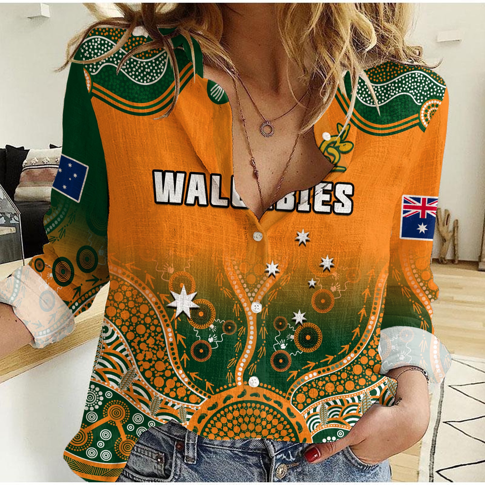 (Custom Text And Number) Australia Rugby Women Casual Shirt Wallabies Kangaroo Orange Aboriginal - Vibe Hoodie Shop