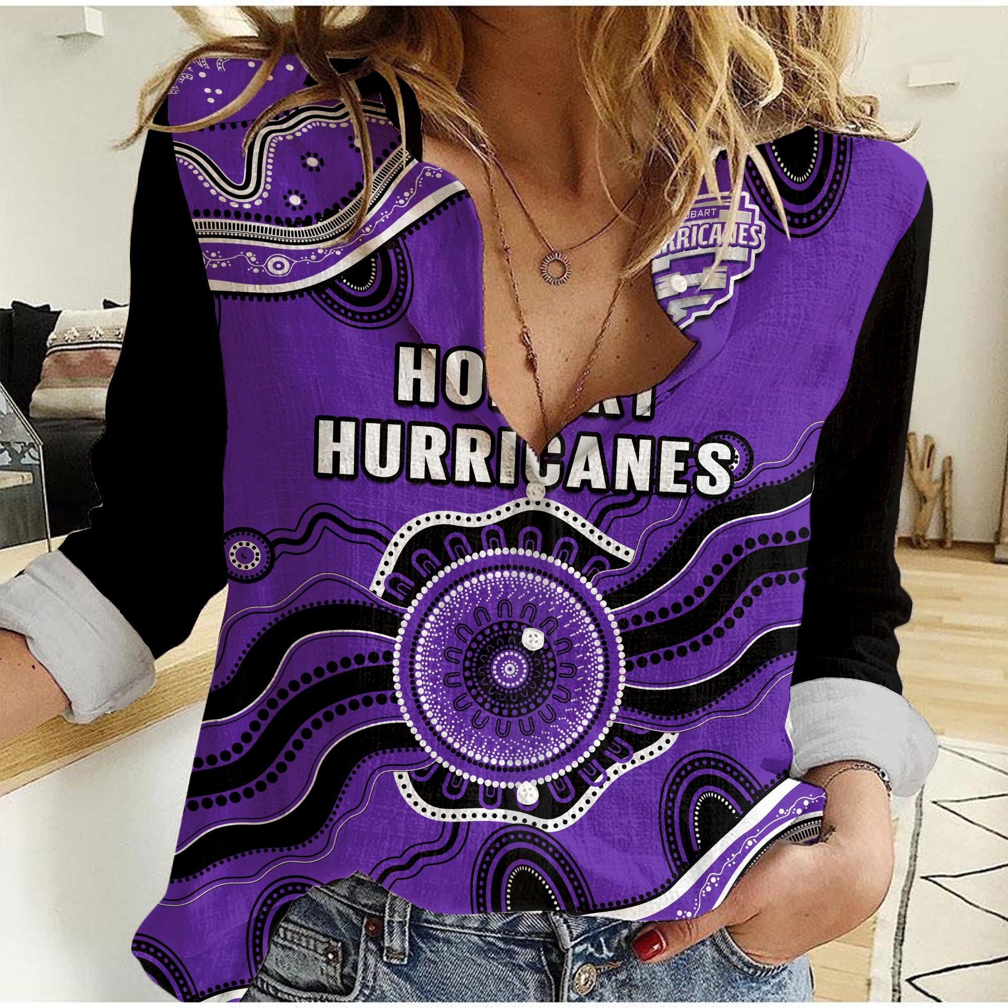 (Custom Text And Number) Hurricanes Cricket Women Casual Shirt Hobart Aboriginal Painting - Vibe Hoodie Shop