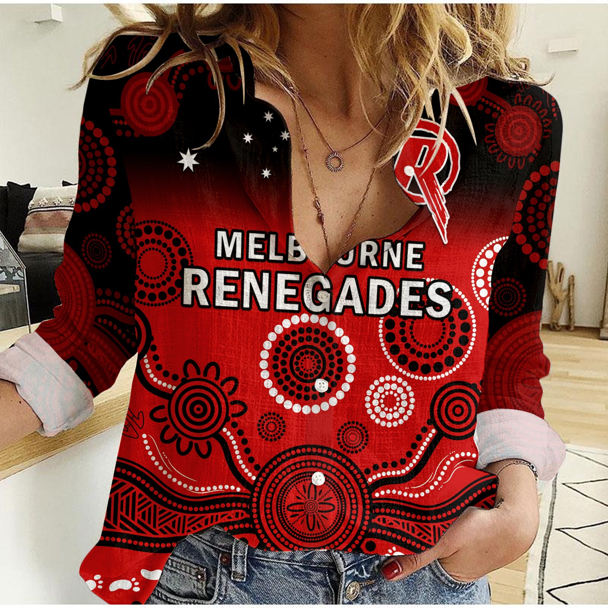 Renegades Cricket Women Casual Shirt Melbourne Gradient Aboriginal Art - Vibe Hoodie Shop